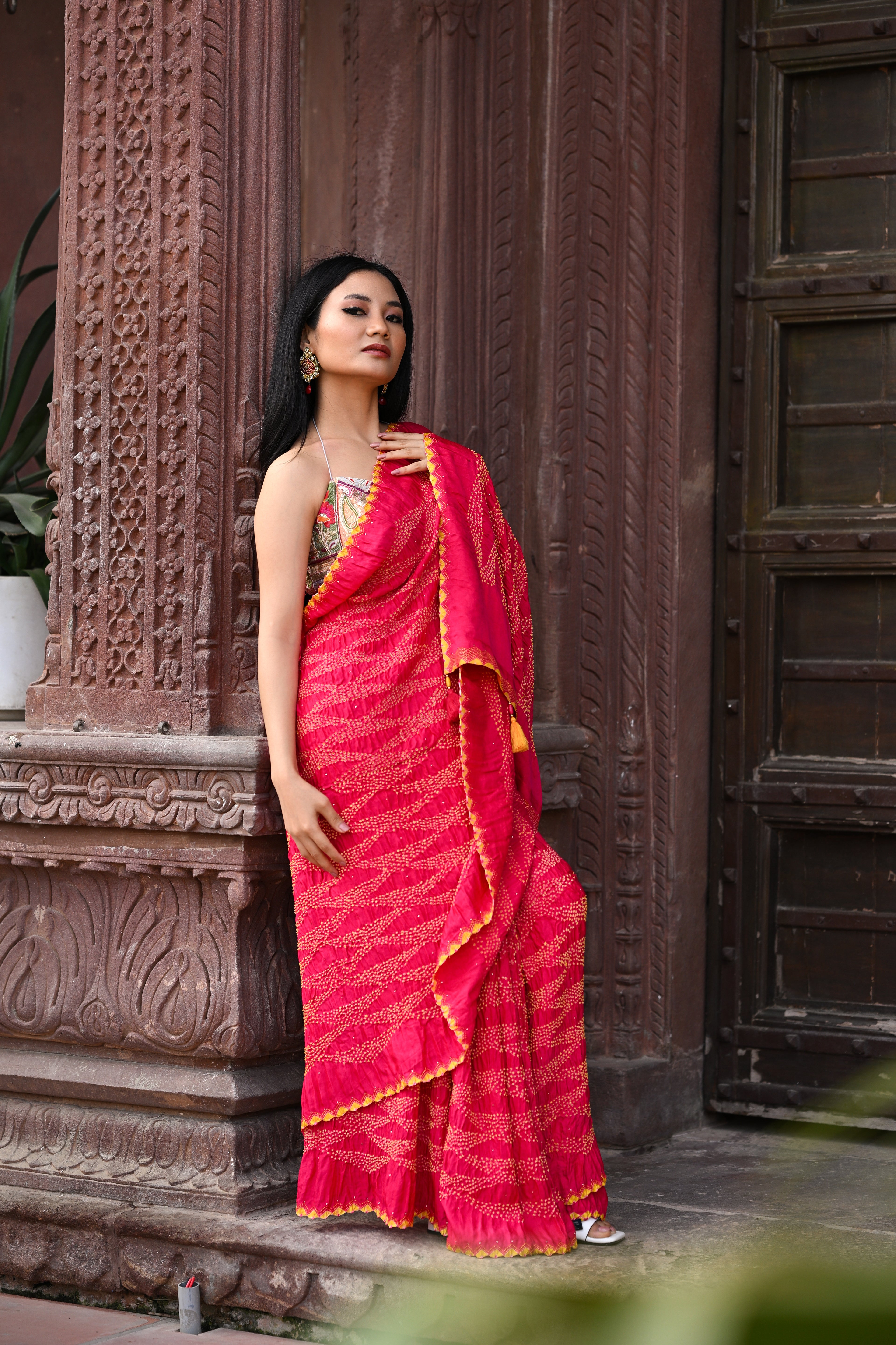 PINK GEOMETRIC TRIANGULAR BANDHANI SILK SAREE WITH EMBROIDERY AND MUKAISH WORK
