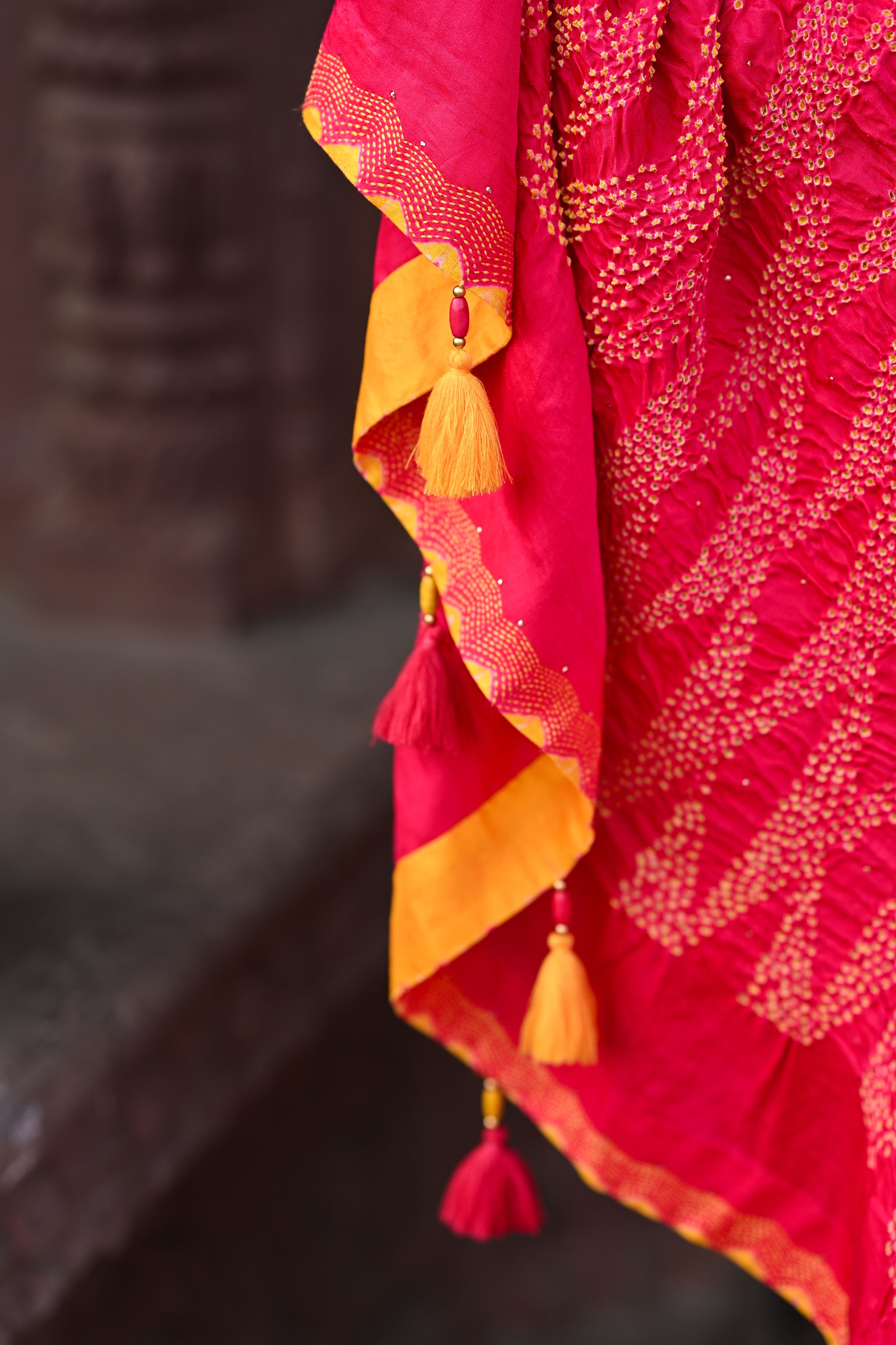 PINK GEOMETRIC TRIANGULAR BANDHANI SILK SAREE WITH EMBROIDERY AND MUKAISH WORK