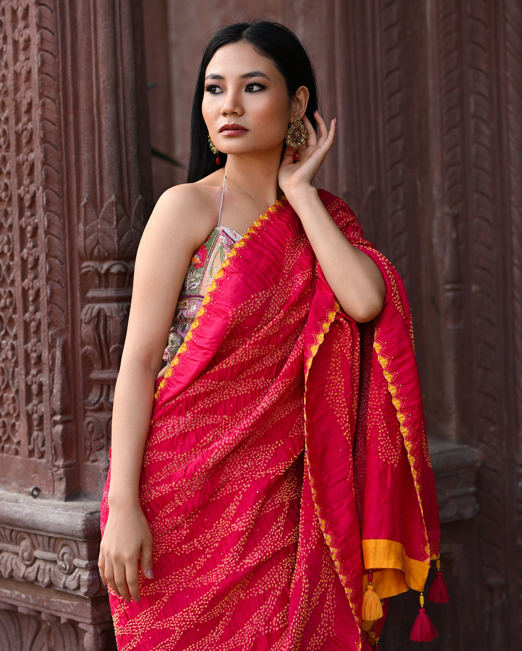 PINK GEOMETRIC TRIANGULAR BANDHANI SILK SAREE WITH EMBROIDERY AND MUKAISH WORK