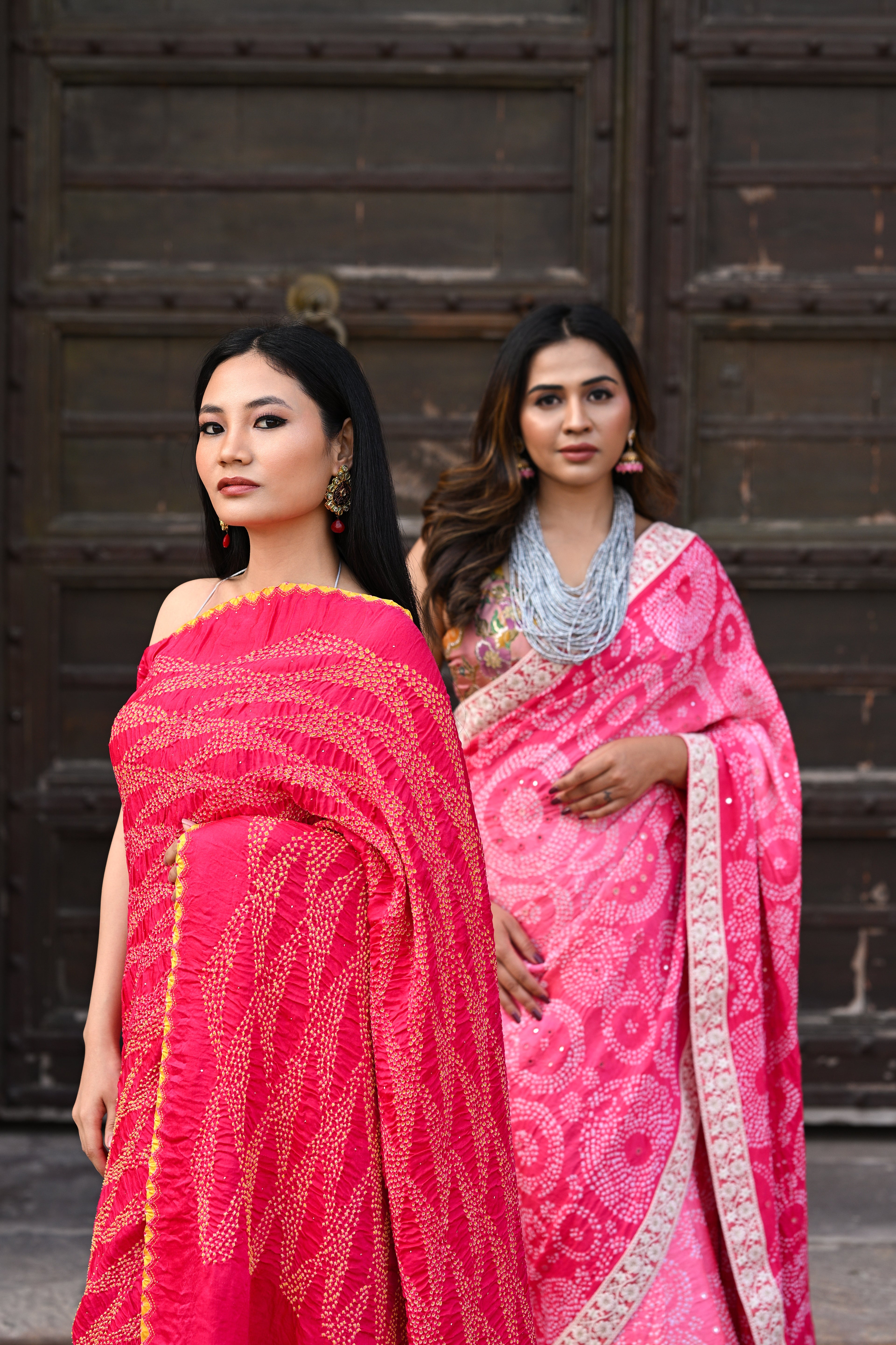 PINK GEOMETRIC TRIANGULAR BANDHANI SILK SAREE WITH EMBROIDERY AND MUKAISH WORK