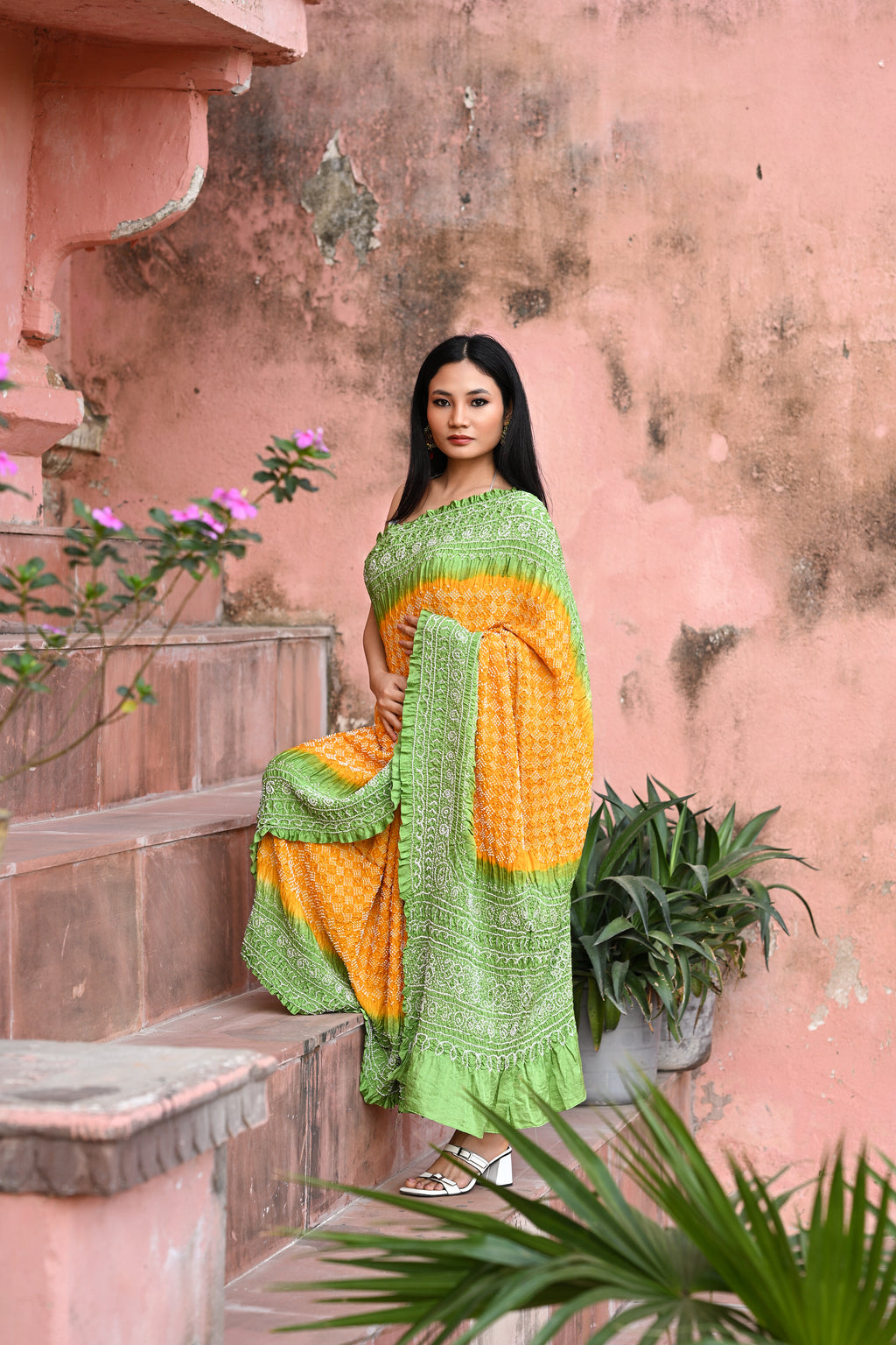 YELLOW-GREEN CLASSIC TRADITIONAL BANDHANI SILK SAREE