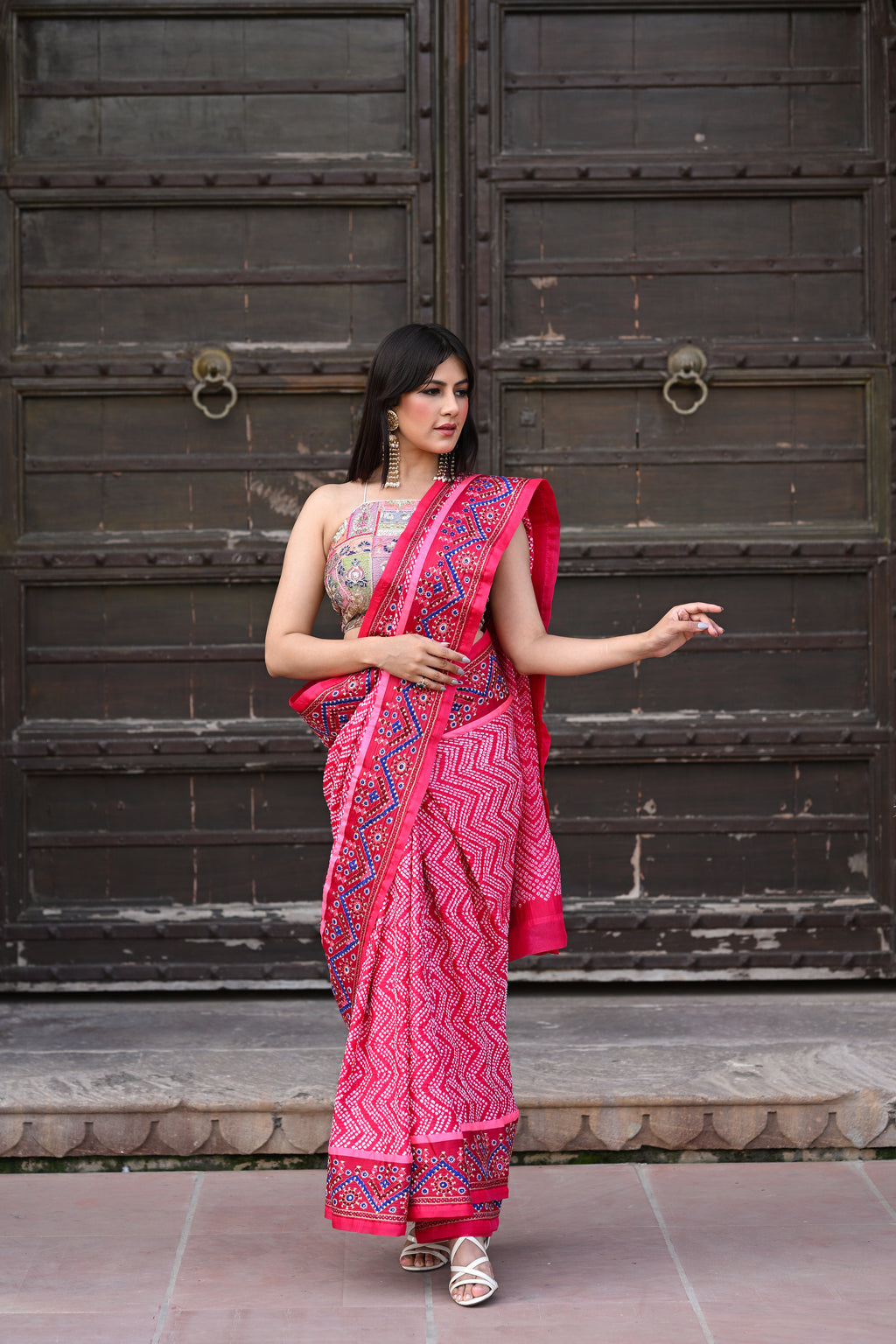 PINK CHEVRON BANDHANI SILK SAREE WITH KUTCHY WORK BORDER