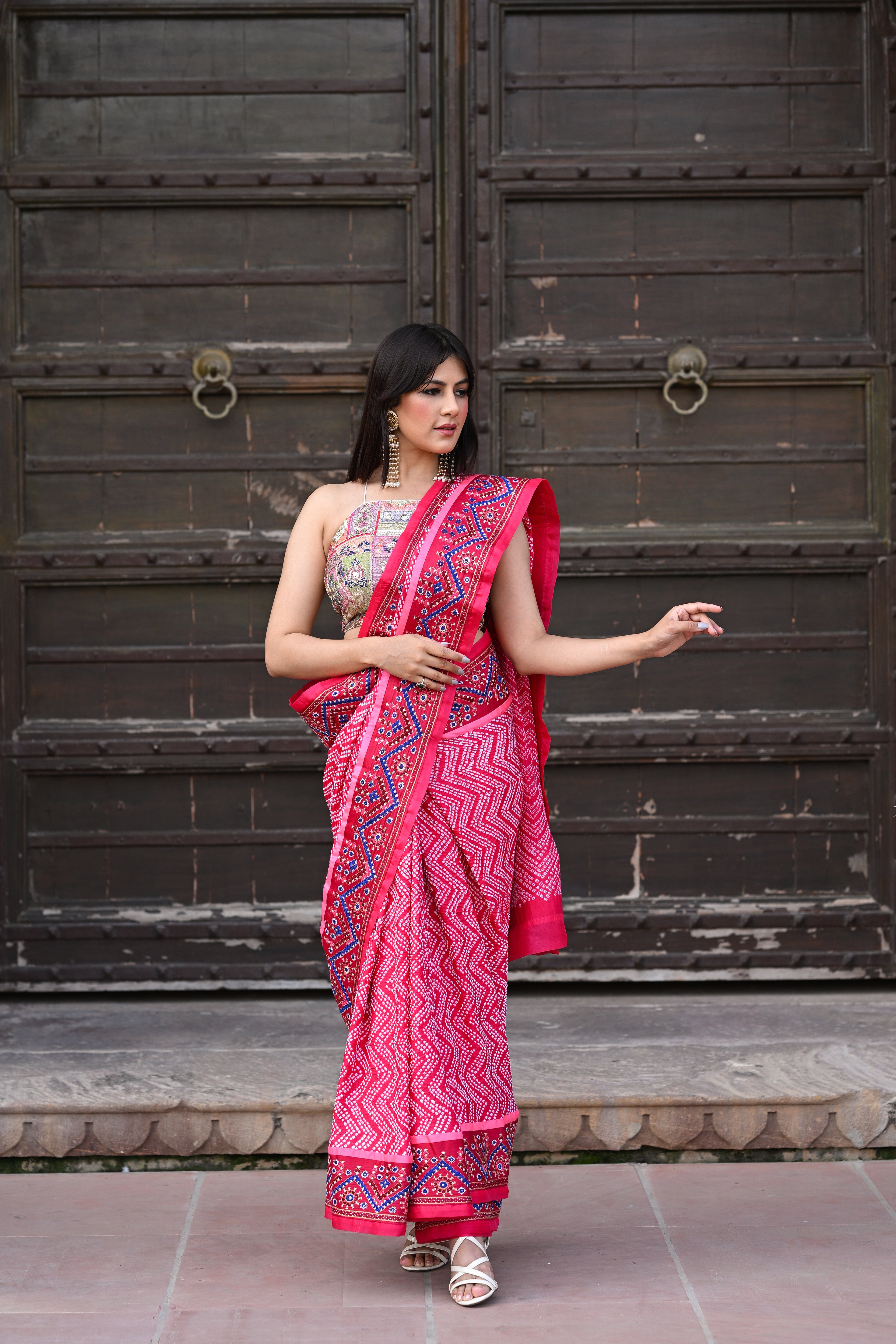 PINK CHEVRON BANDHANI SILK SAREE WITH KUTCHY WORK BORDER