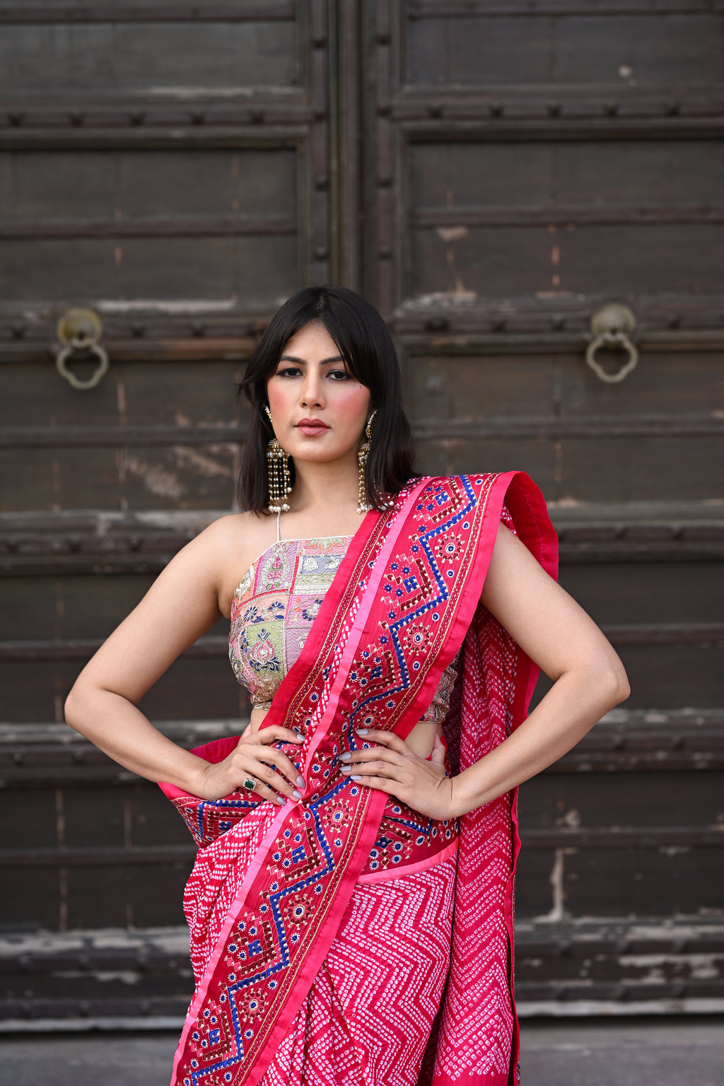 PINK CHEVRON BANDHANI SILK SAREE WITH KUTCHY WORK BORDER