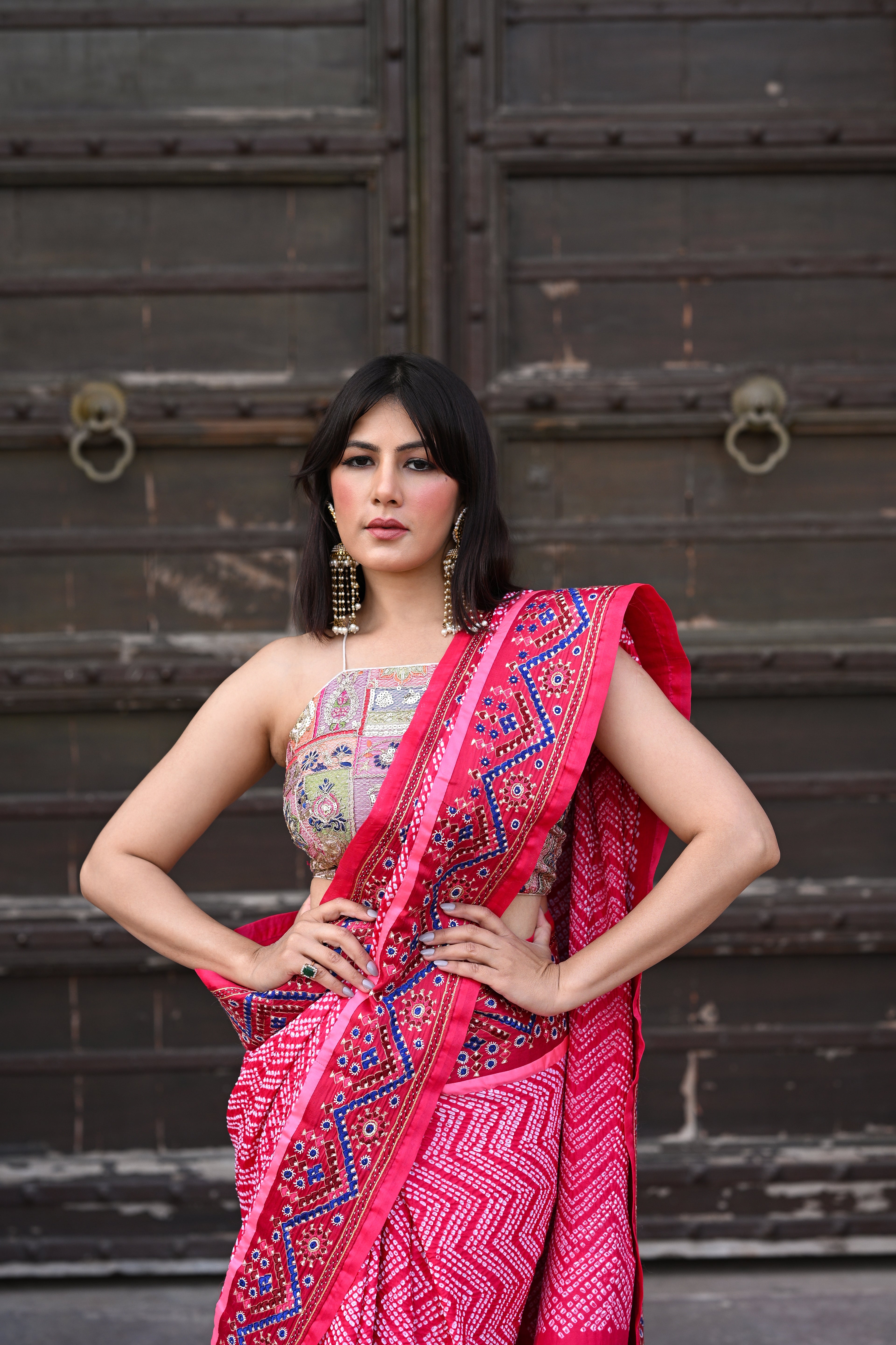 PINK CHEVRON BANDHANI SILK SAREE WITH KUTCHY WORK BORDER