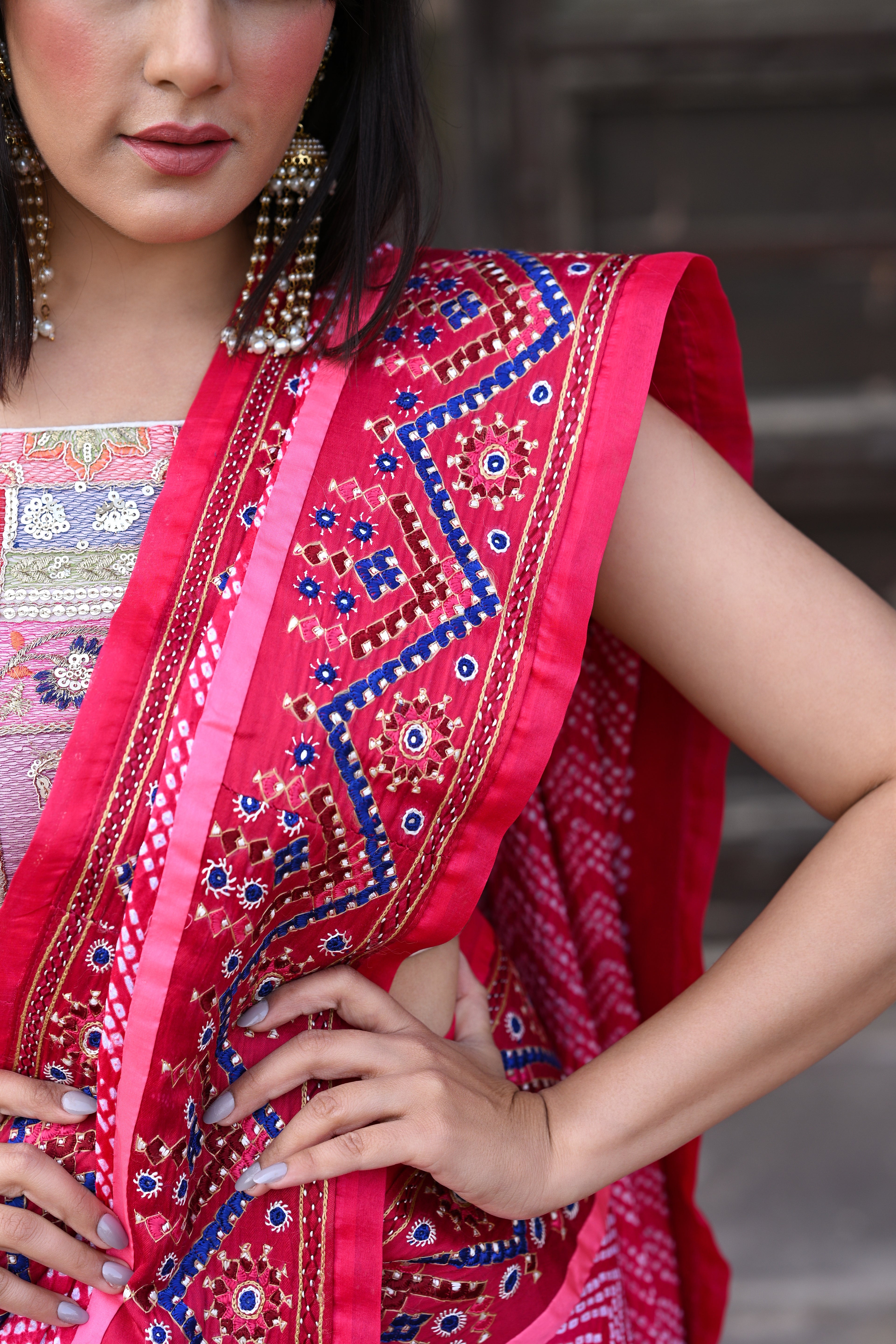 PINK CHEVRON BANDHANI SILK SAREE WITH KUTCHY WORK BORDER
