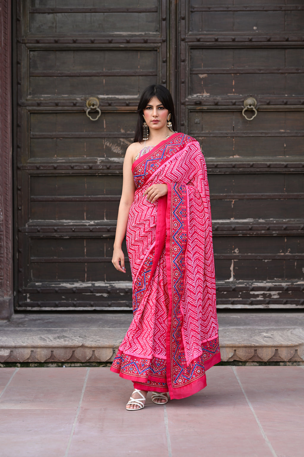 PINK CHEVRON BANDHANI SILK SAREE WITH KUTCHY WORK BORDER