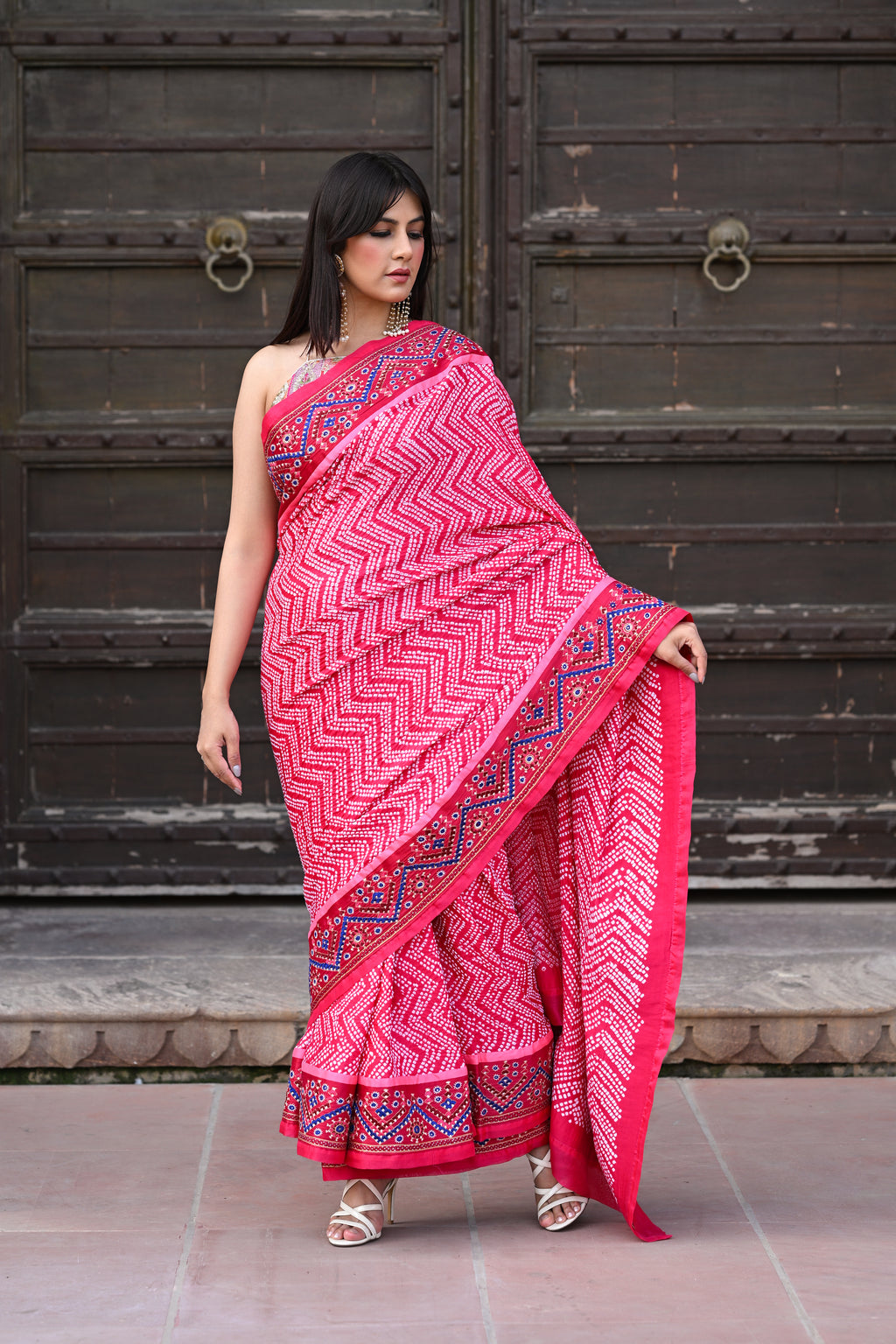 PINK CHEVRON BANDHANI SILK SAREE WITH KUTCHY WORK BORDER
