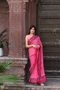 PINK CHEVRON BANDHANI SILK SAREE WITH KUTCHY WORK BORDER