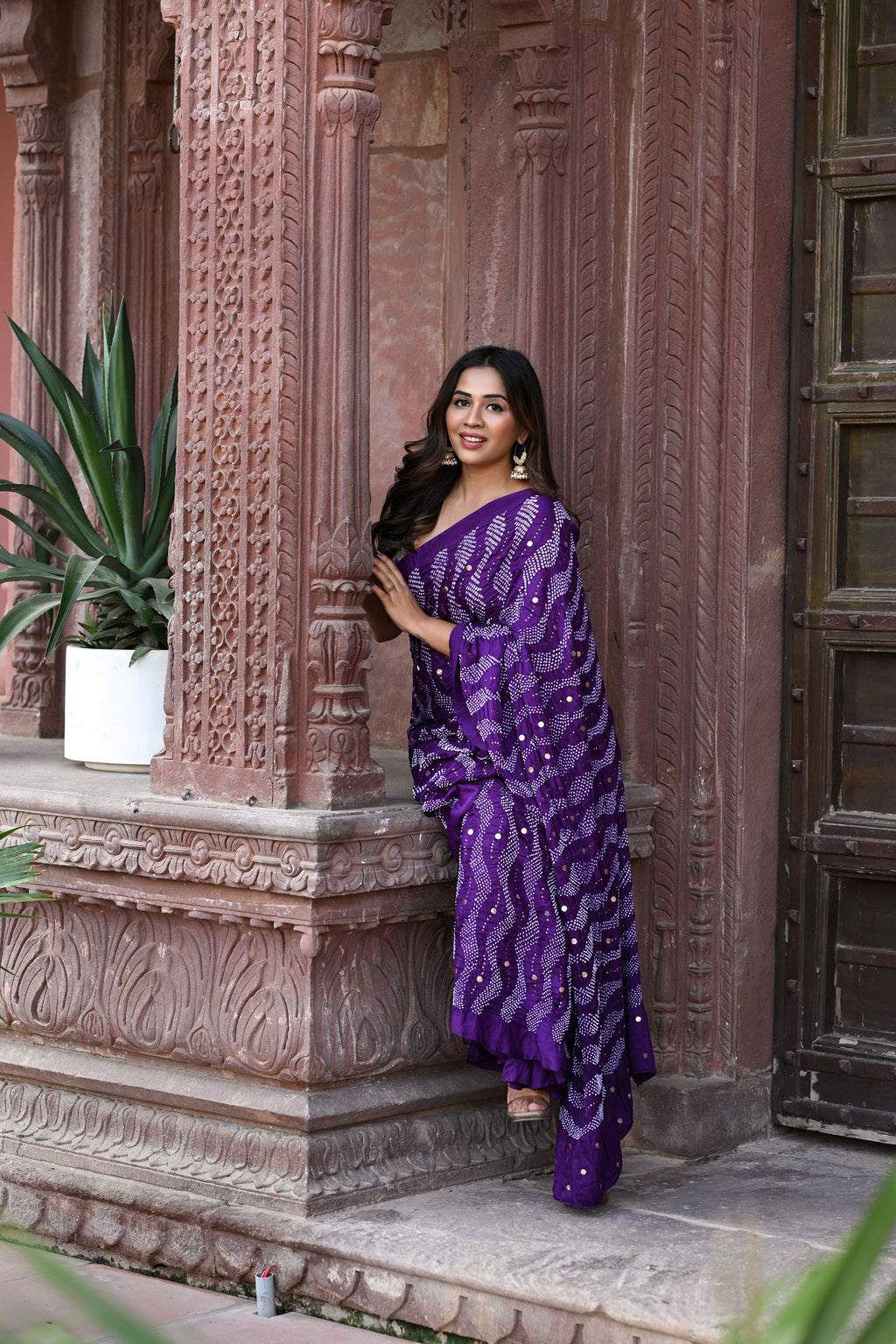 PURPLE WAVES OF THE SEA BANDHANI SILK SAREE WITH MUKAISH WORK