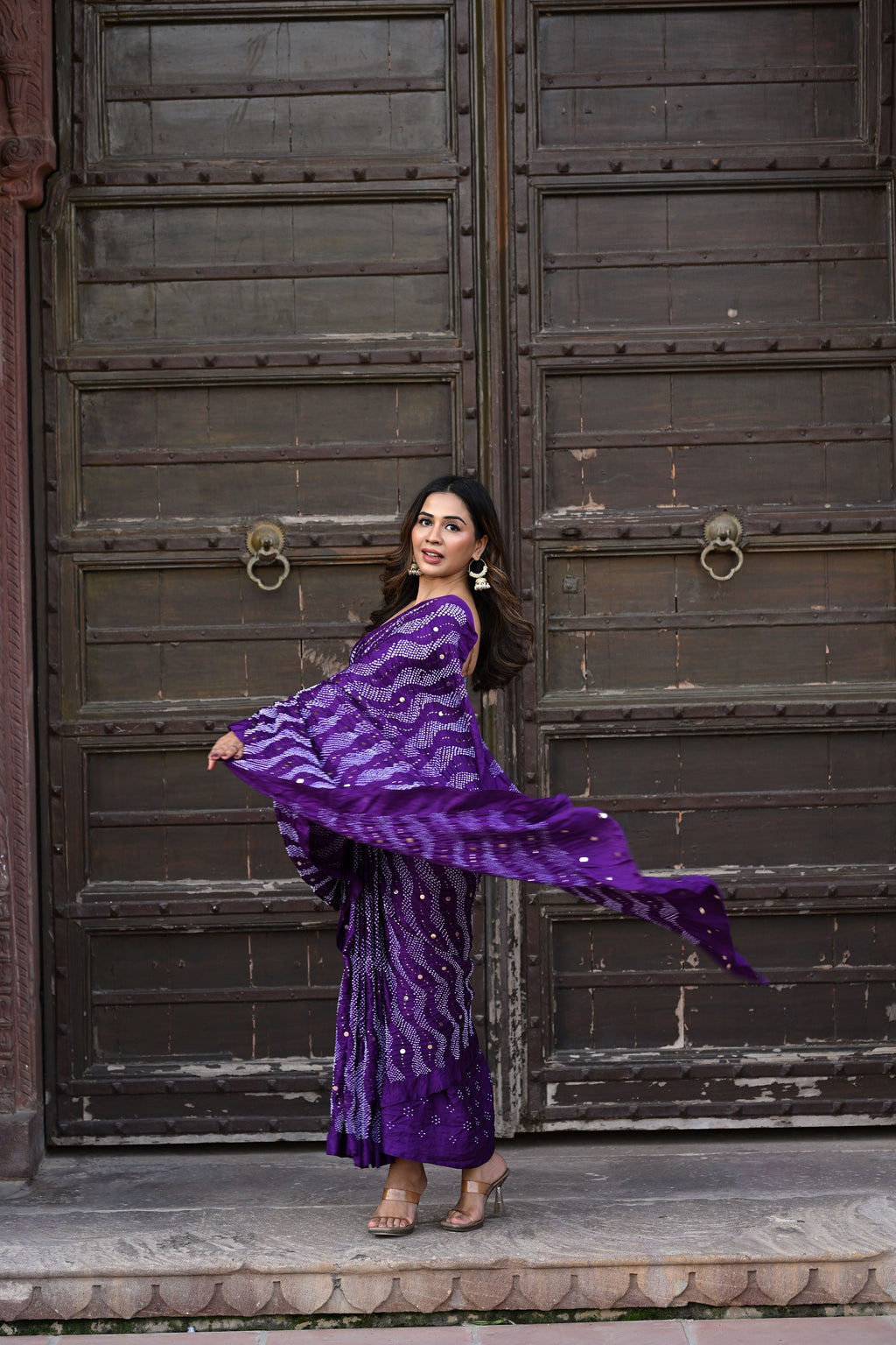 PURPLE WAVES OF THE SEA BANDHANI SILK SAREE WITH MUKAISH WORK
