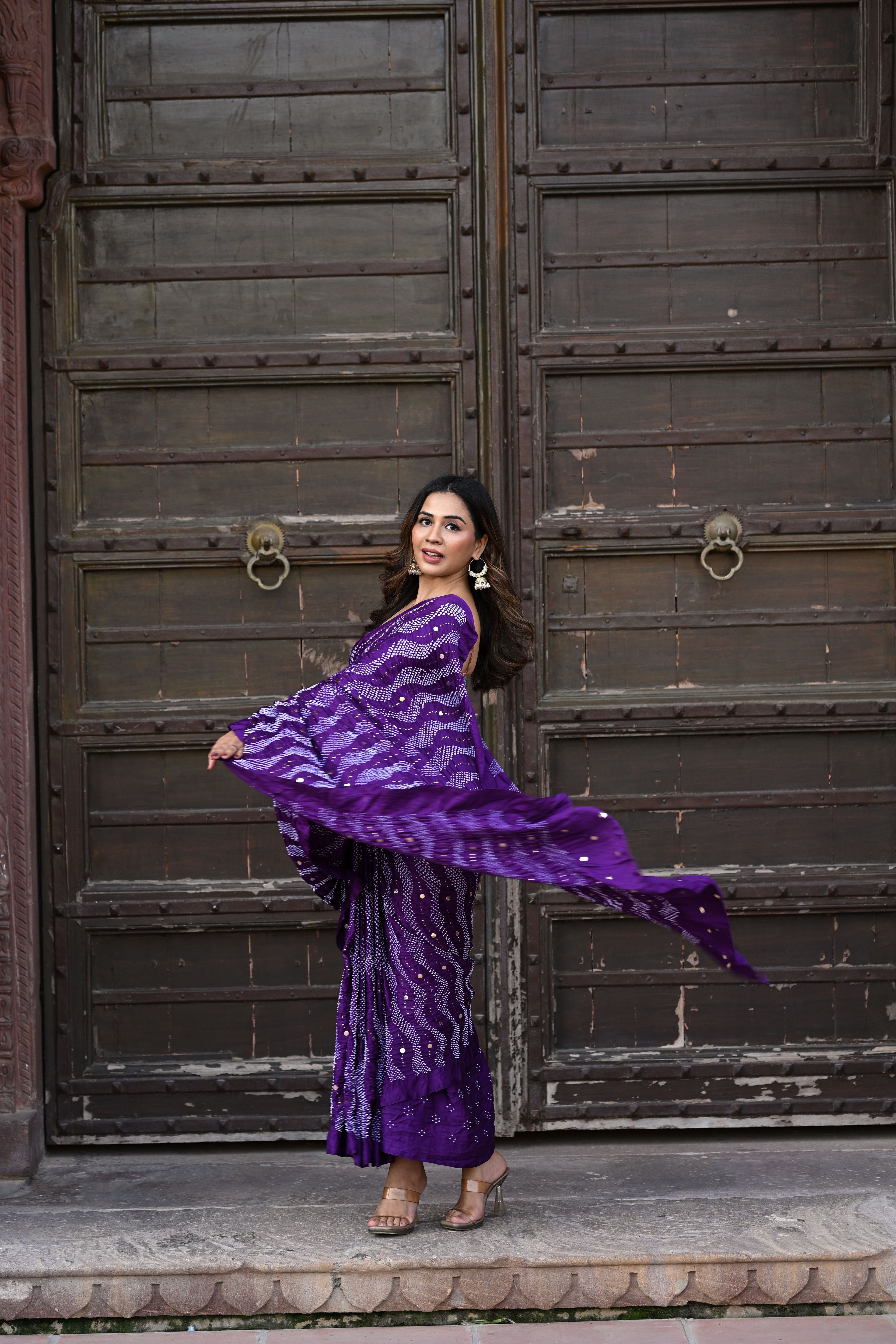 PURPLE WAVES OF THE SEA BANDHANI SILK SAREE WITH MUKAISH WORK