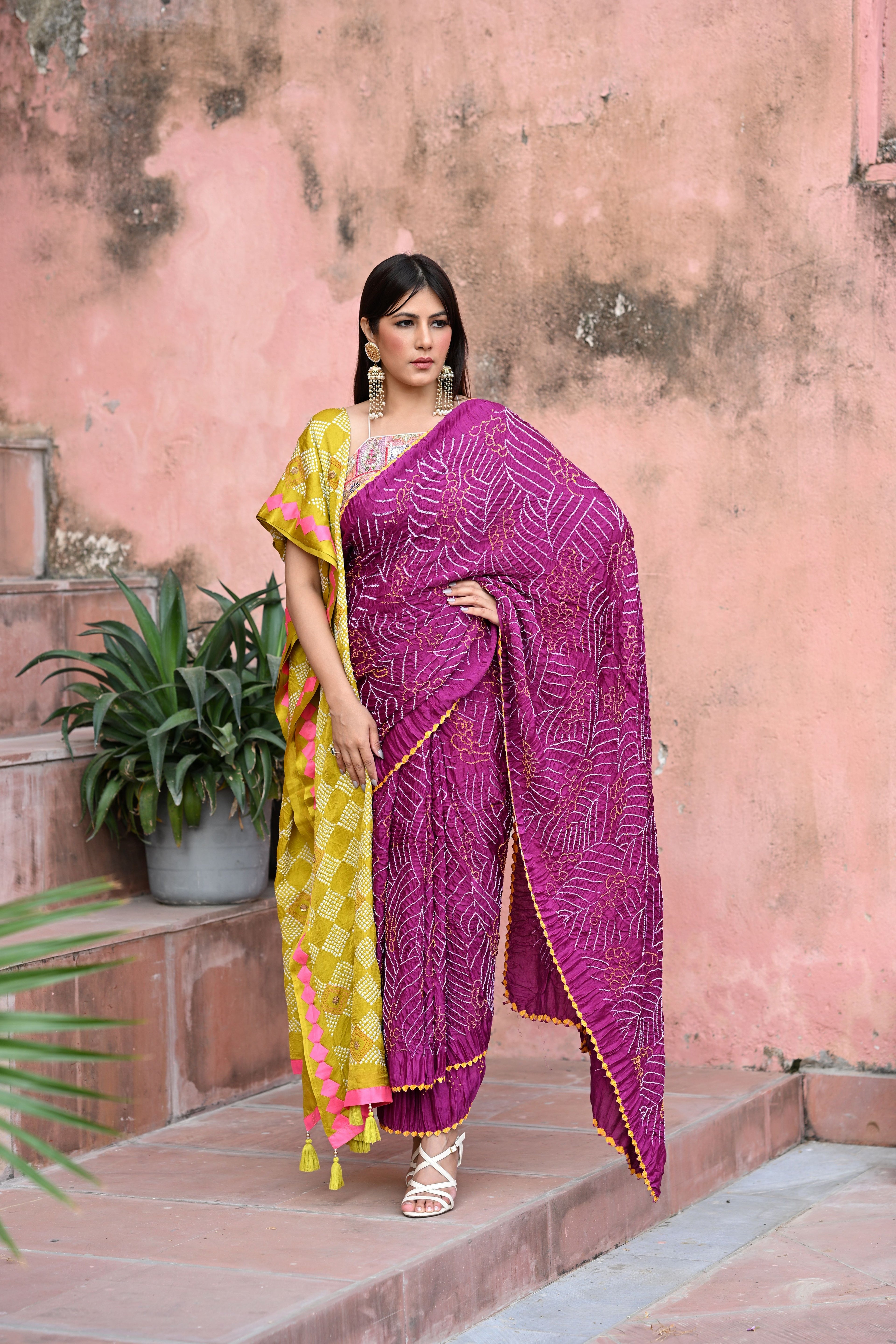 PURPLE JAPANESE WAVES BANDHANI SILK SAREE