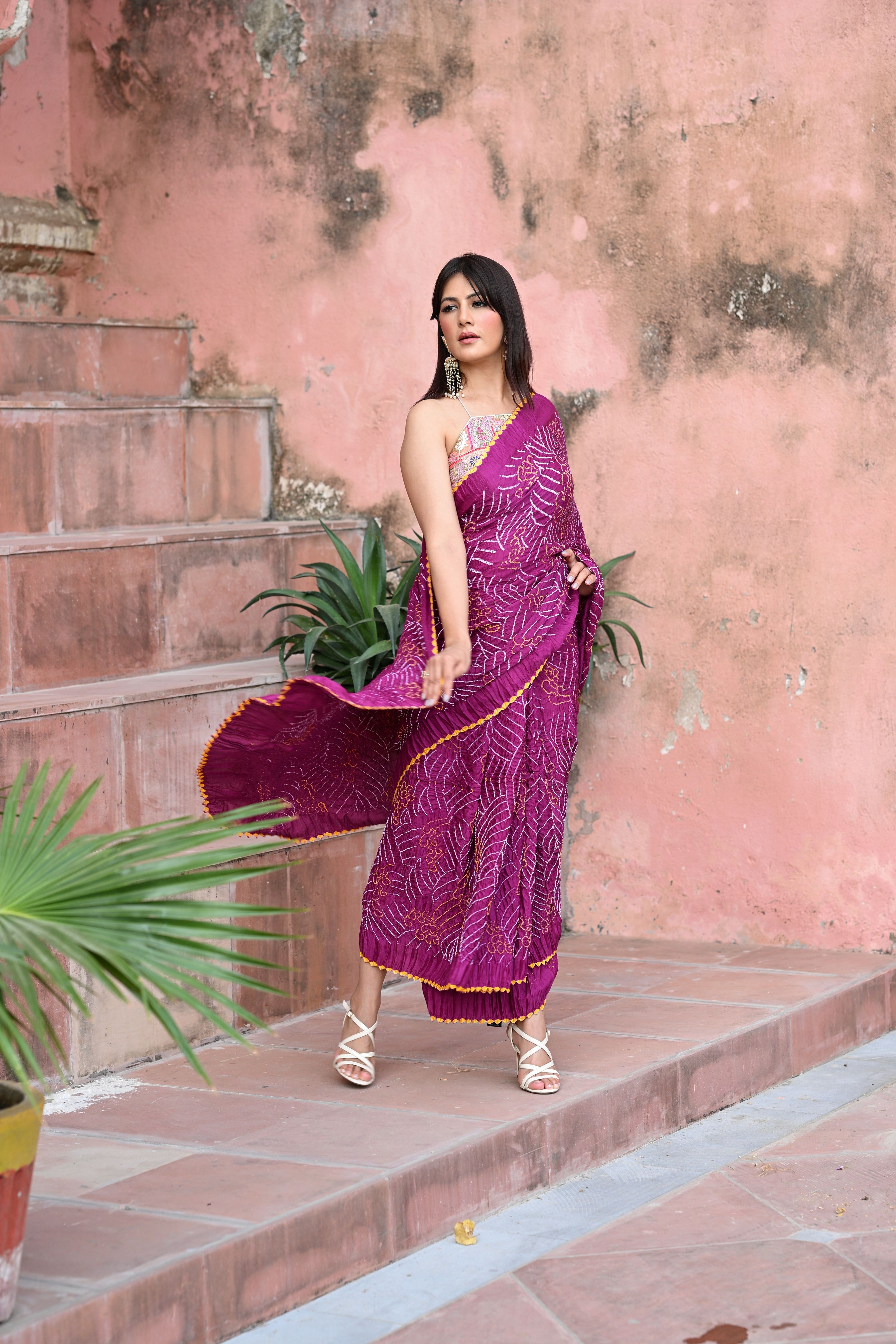PURPLE JAPANESE WAVES BANDHANI SILK SAREE
