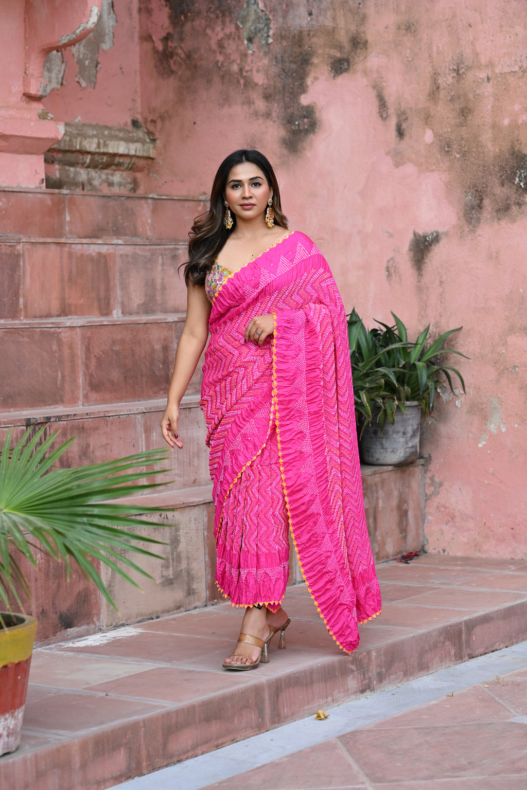 PINK CHEVRON BANDHANI SILK SAREE