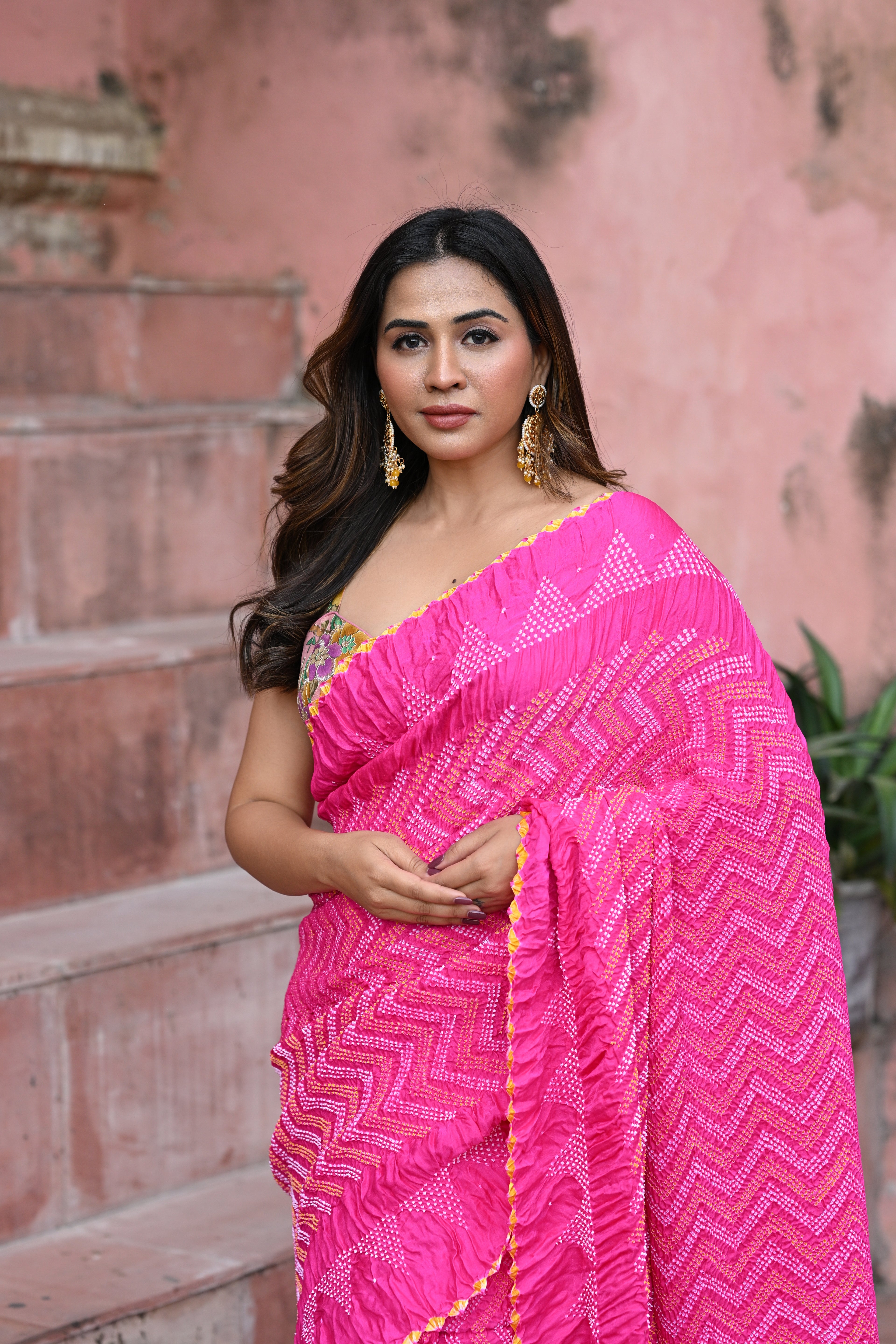 PINK CHEVRON BANDHANI SILK SAREE