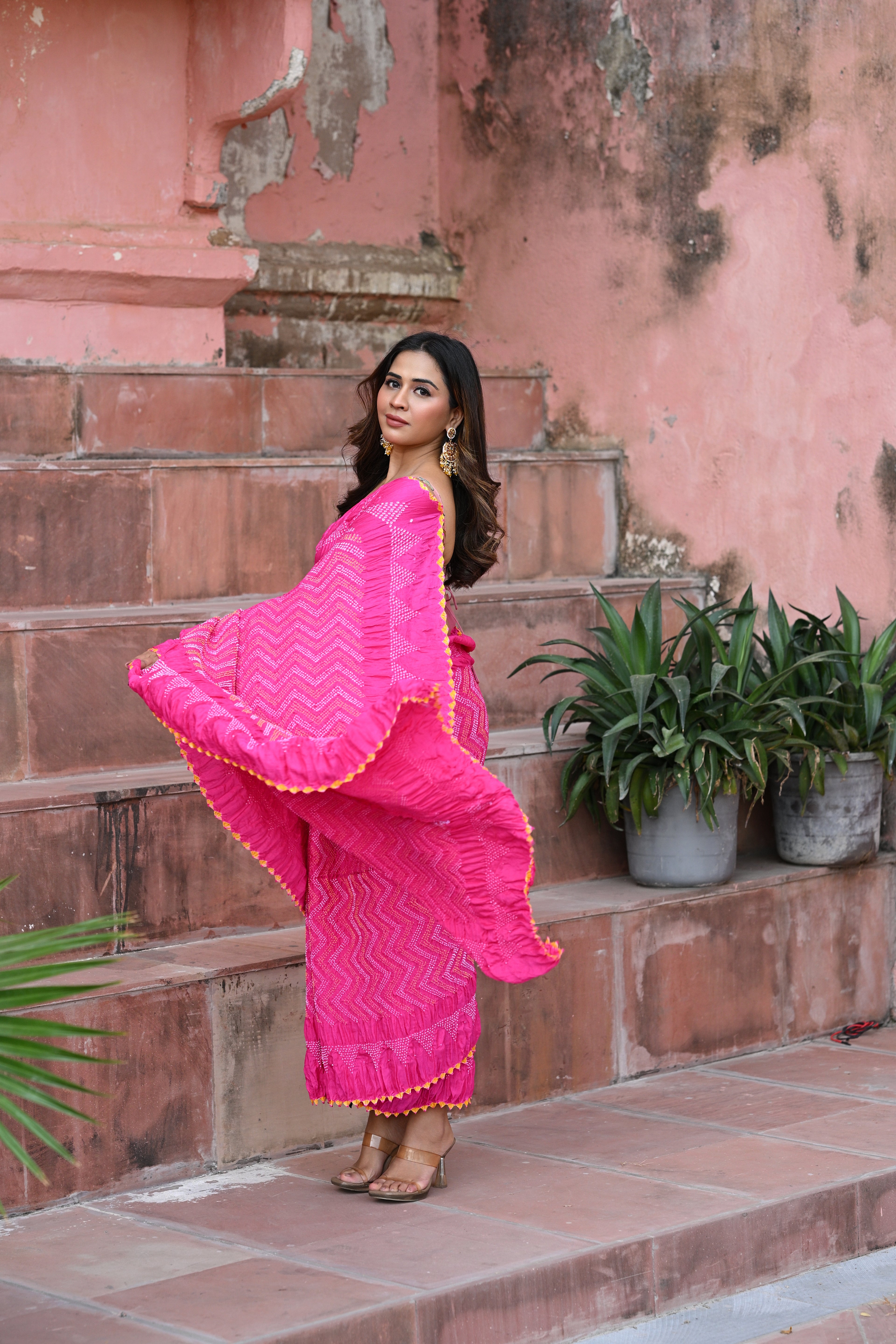 PINK CHEVRON BANDHANI SILK SAREE