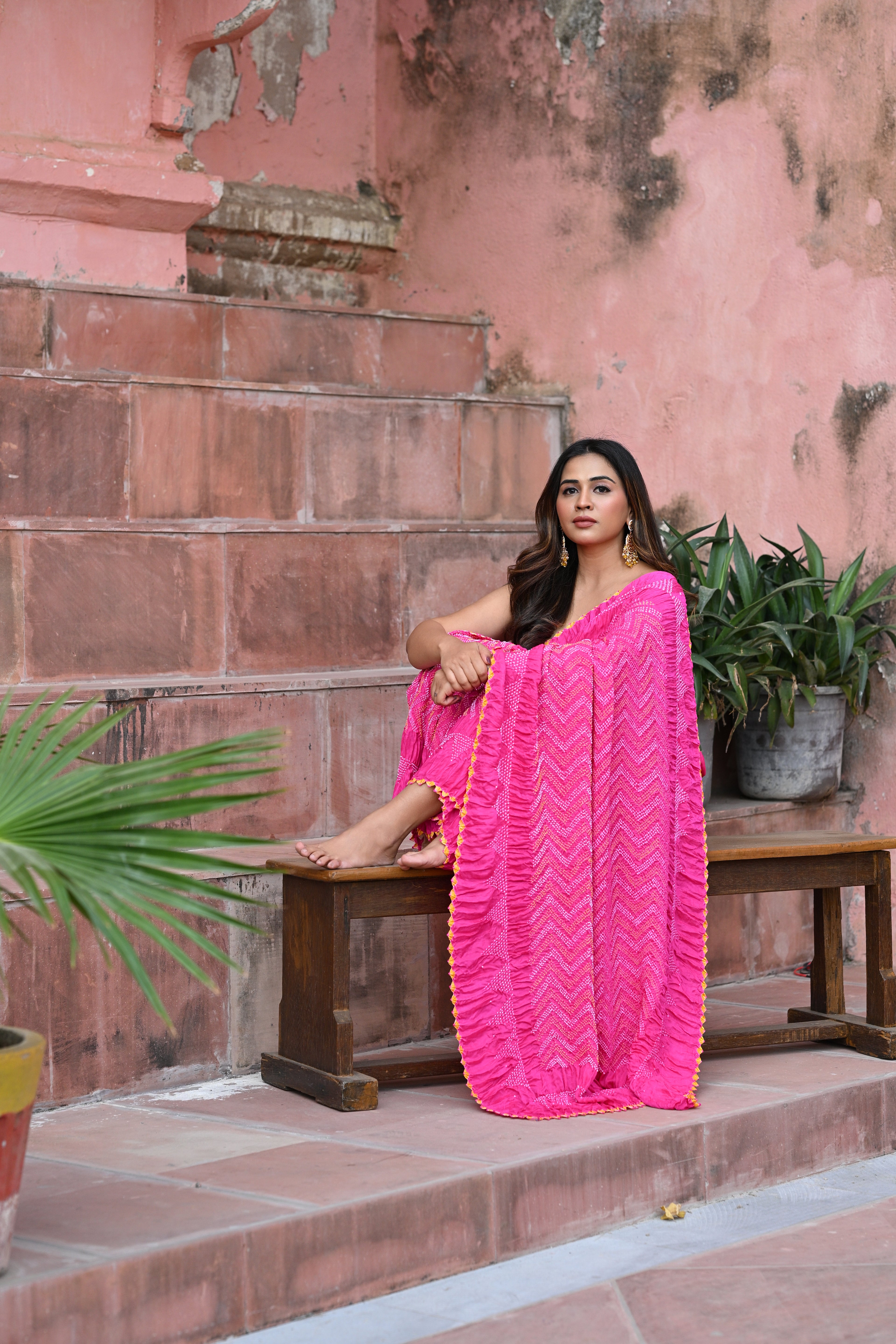 PINK CHEVRON BANDHANI SILK SAREE