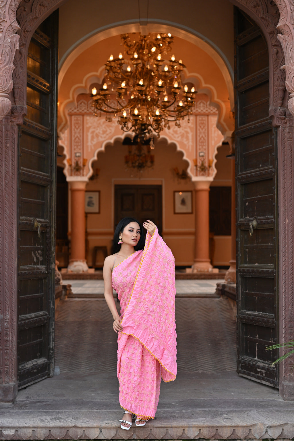 PINK GEOMETRIC BANDHANI SILK SAREE