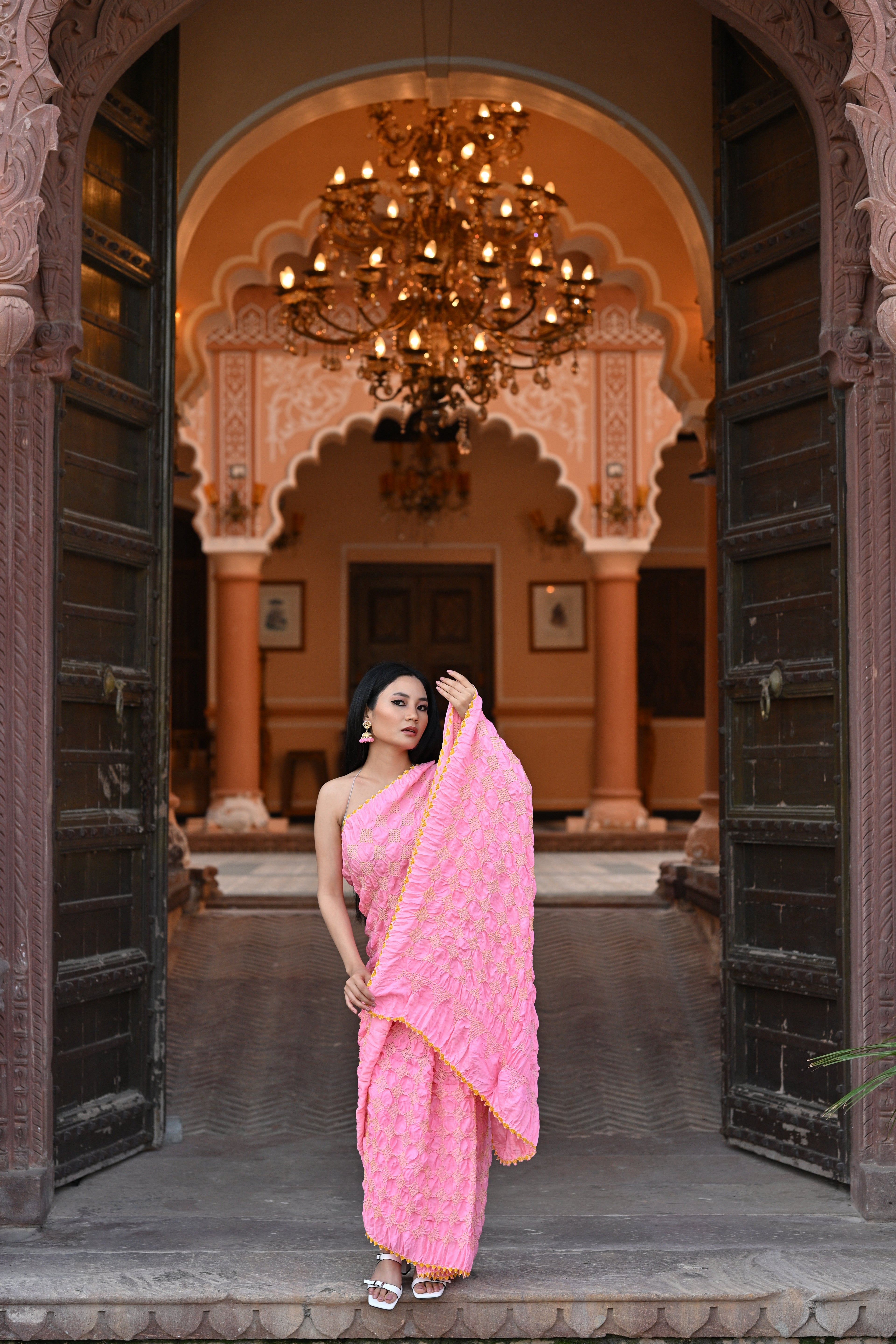 PINK GEOMETRIC BANDHANI SILK SAREE