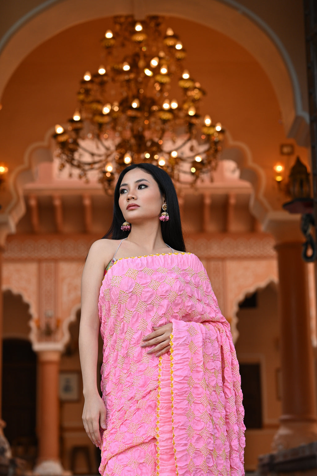 PINK GEOMETRIC BANDHANI SILK SAREE