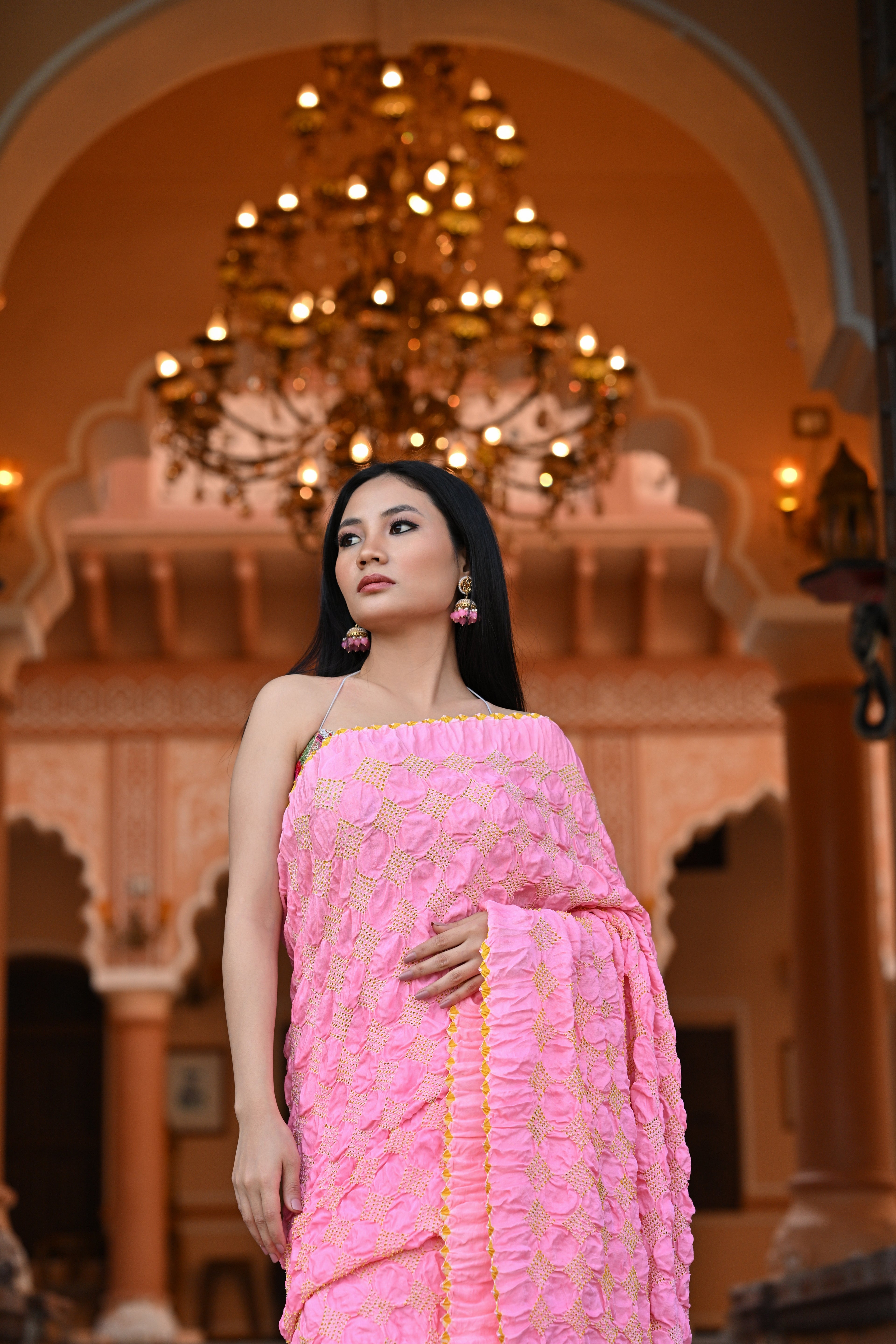 PINK GEOMETRIC BANDHANI SILK SAREE