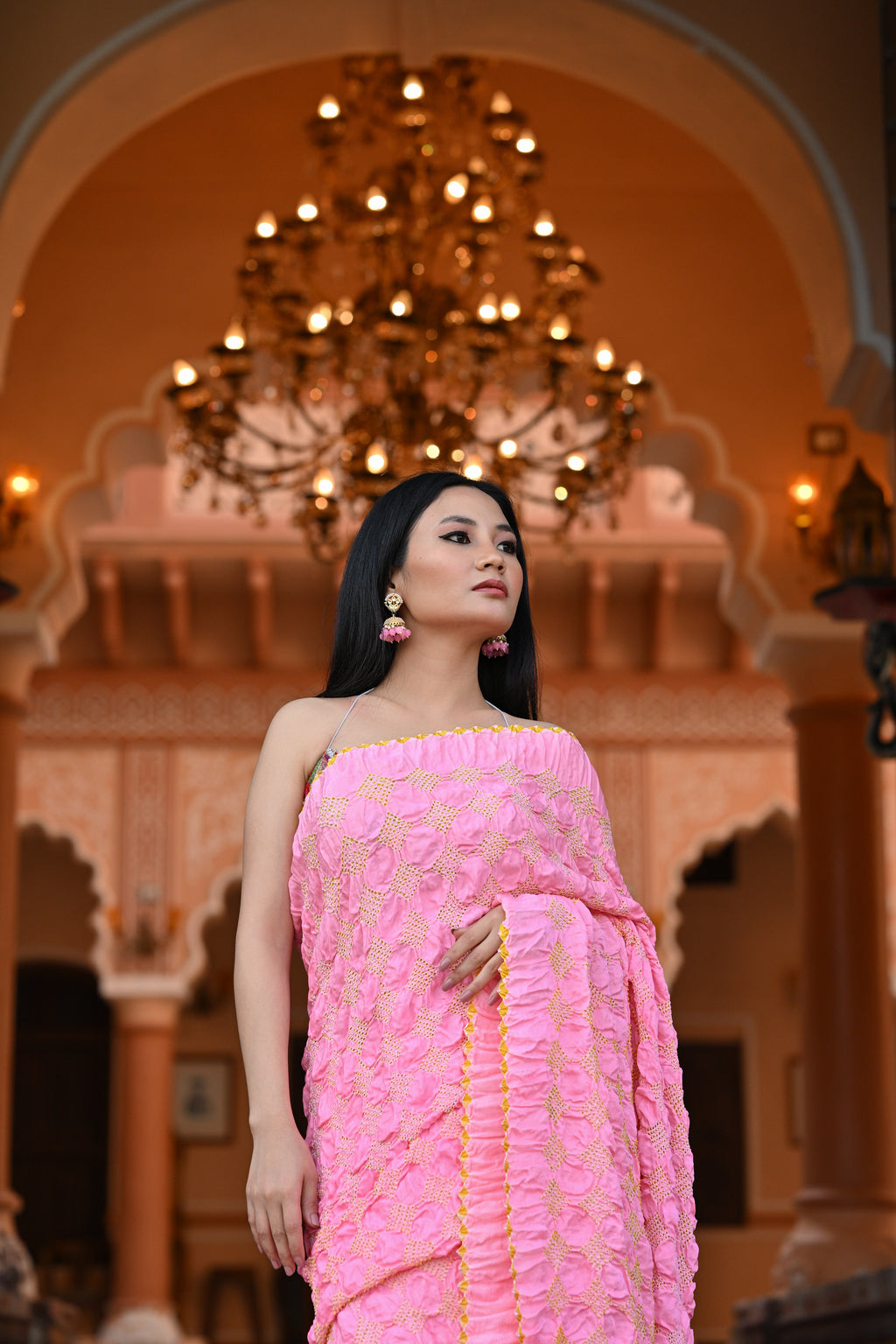 PINK GEOMETRIC BANDHANI SILK SAREE