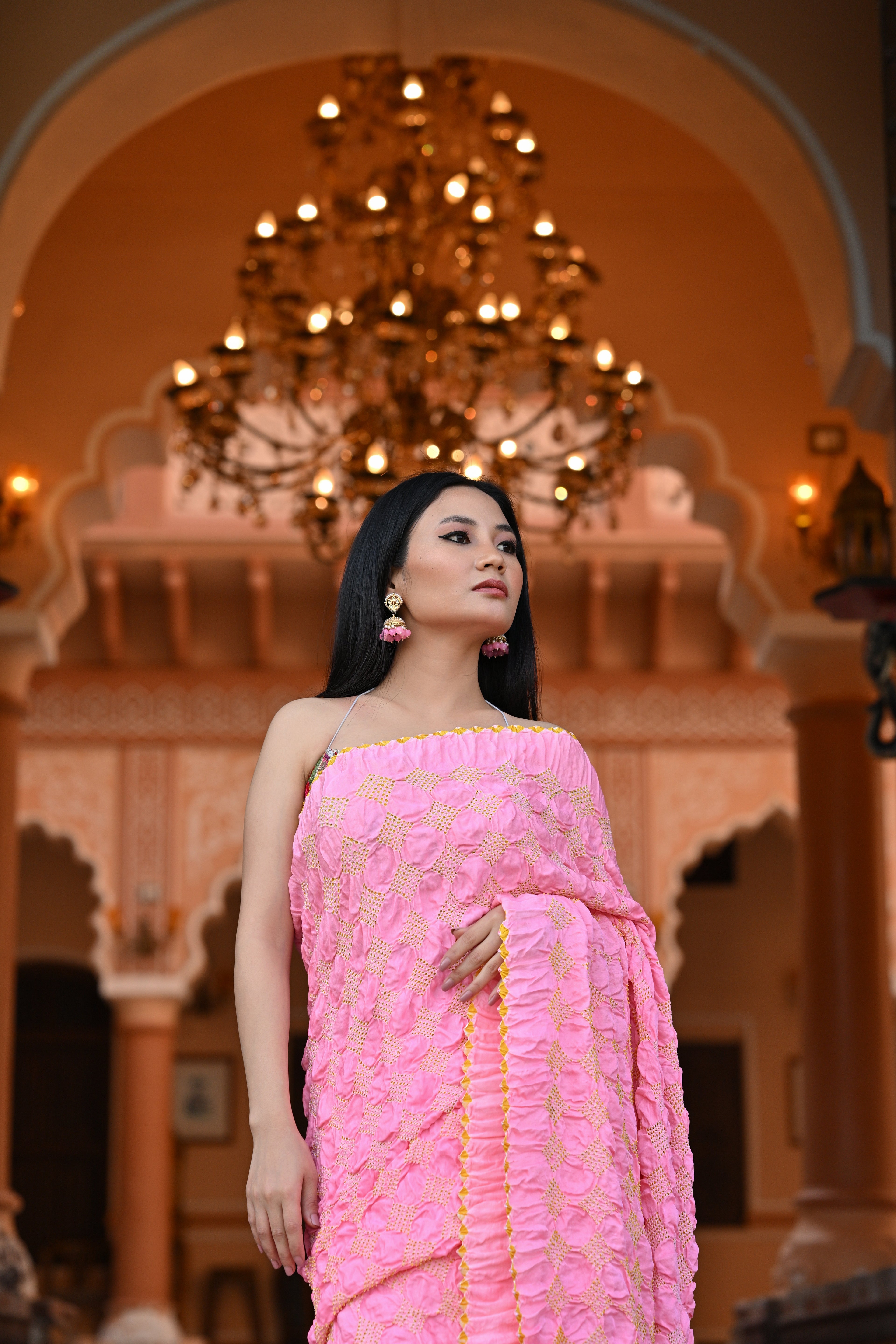 PINK GEOMETRIC BANDHANI SILK SAREE