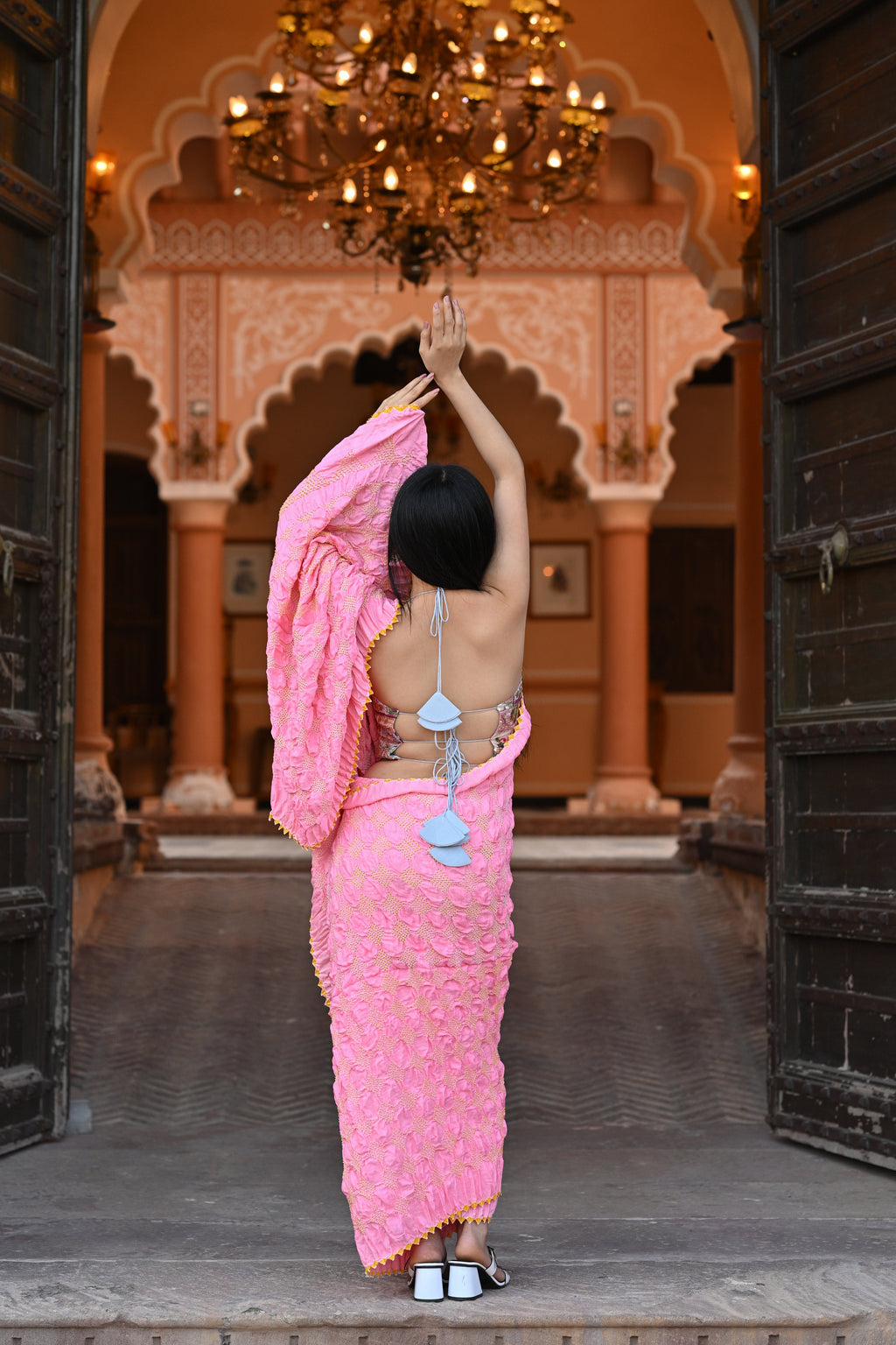 PINK GEOMETRIC BANDHANI SILK SAREE
