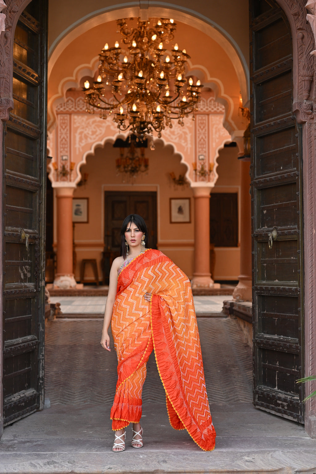 ORANGE CHEVRON BANDHANI SILK SAREE