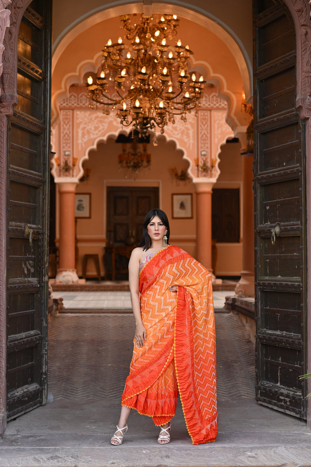 ORANGE CHEVRON BANDHANI SILK SAREE