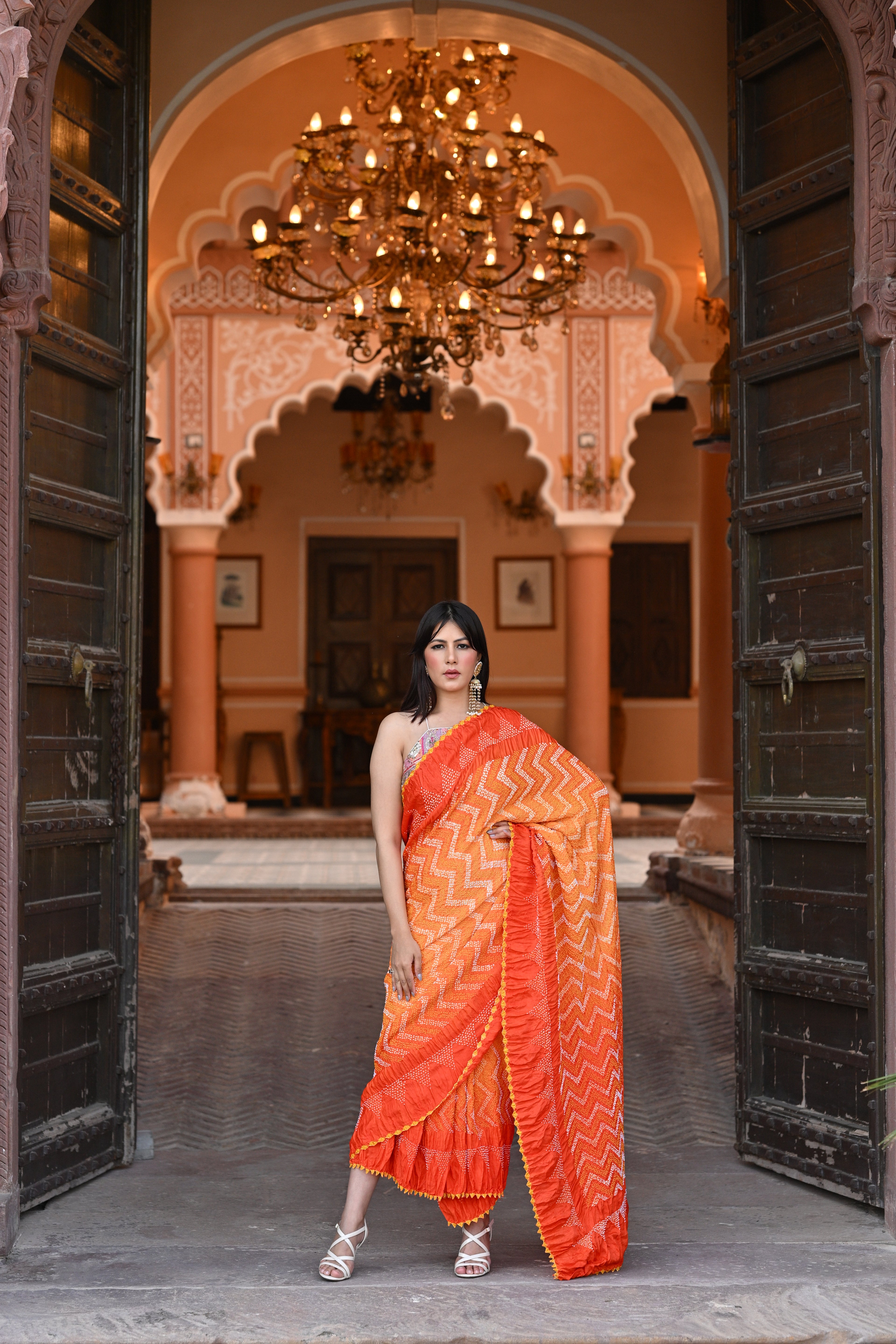 ORANGE CHEVRON BANDHANI SILK SAREE