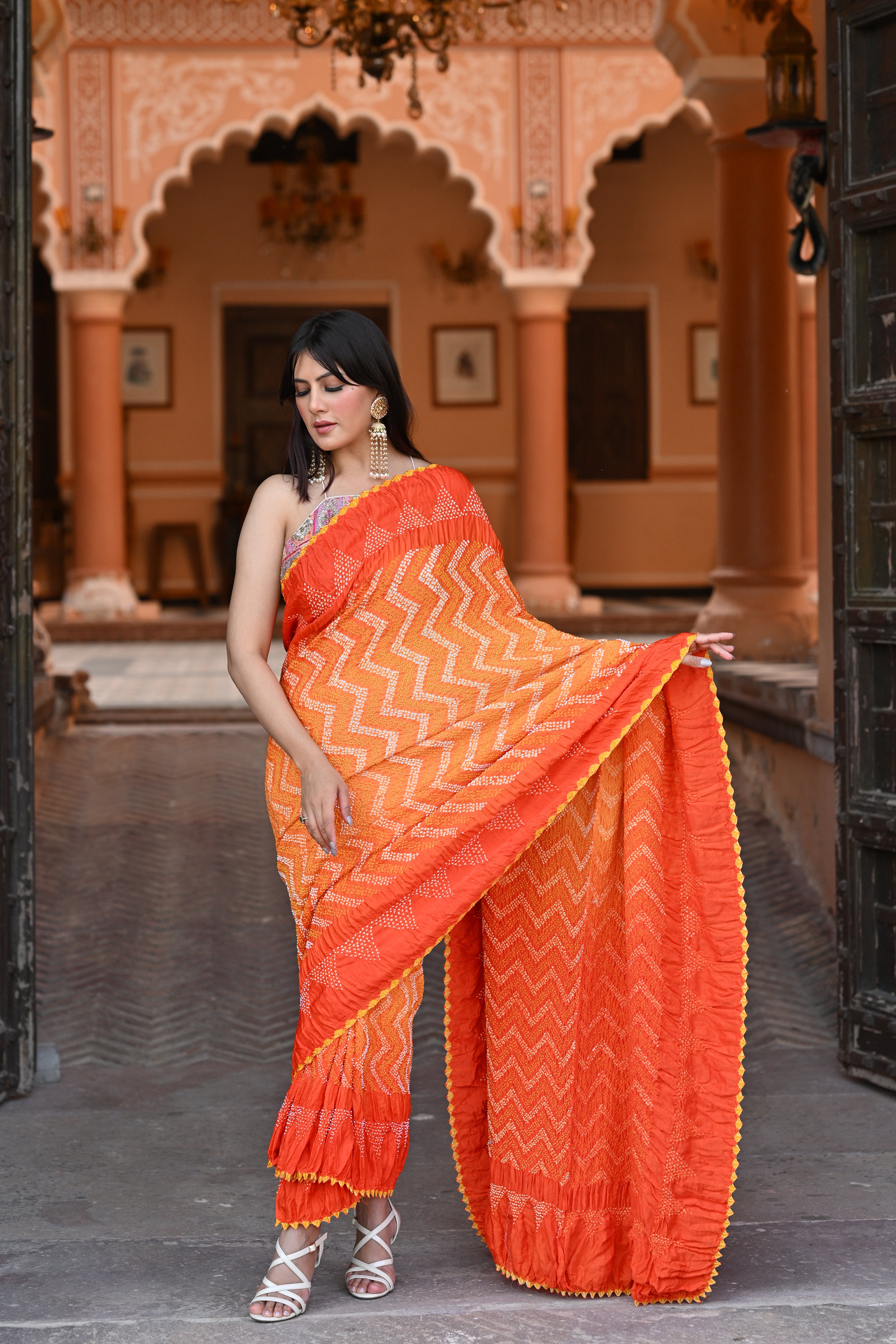 ORANGE CHEVRON BANDHANI SILK SAREE