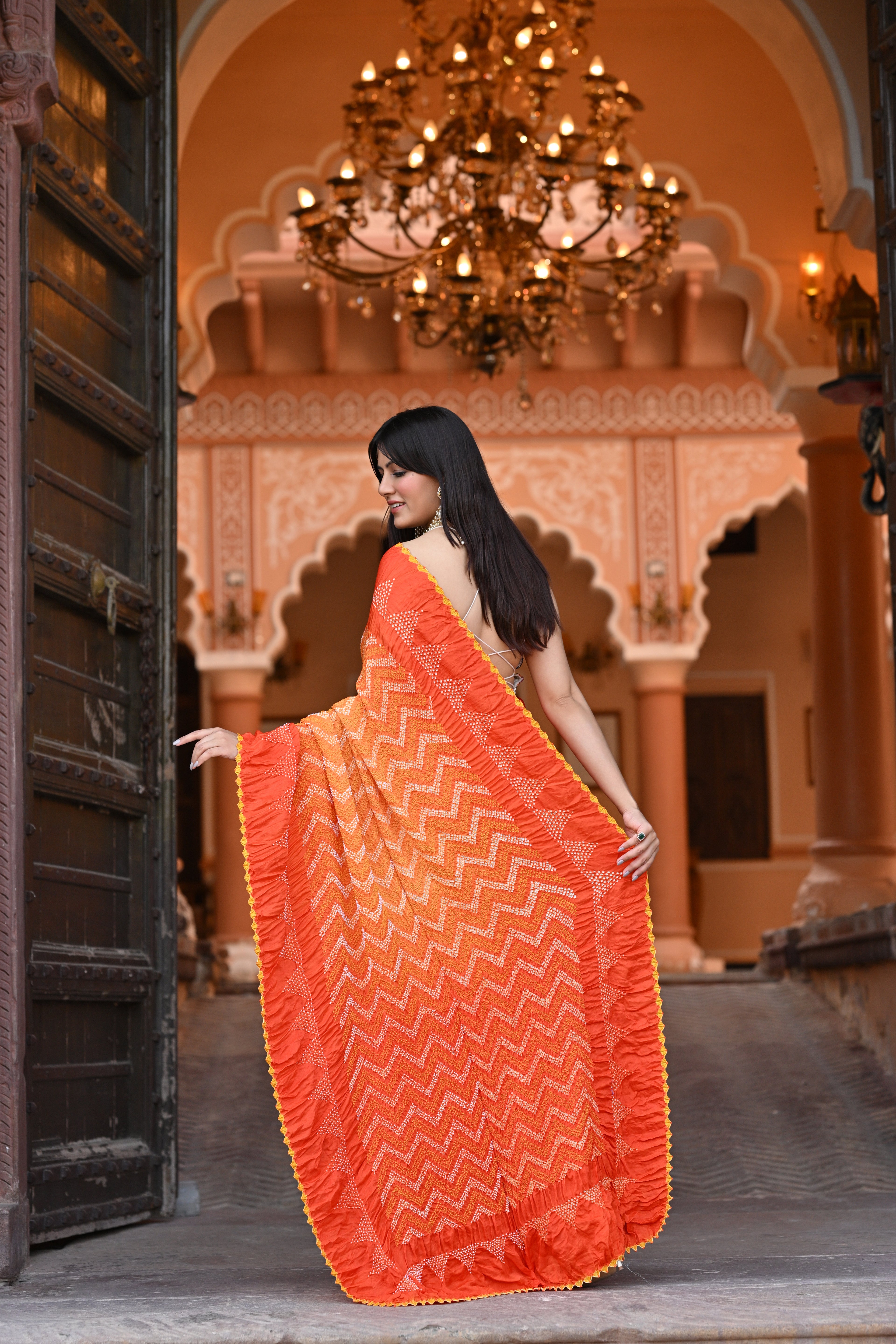 ORANGE CHEVRON BANDHANI SILK SAREE