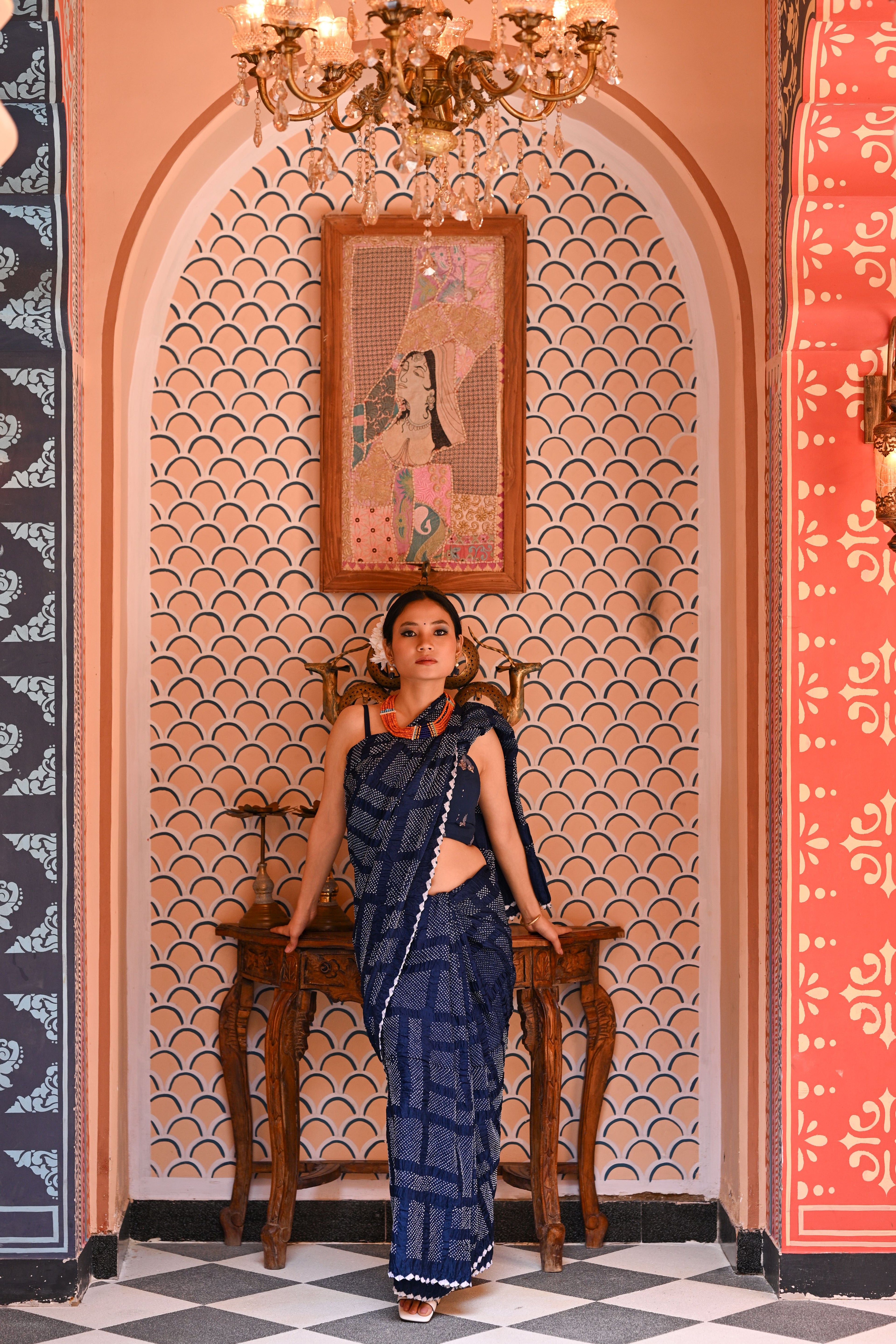 INDIGO BLUE SQUARE STRIPES BANDHANI SILK SAREE