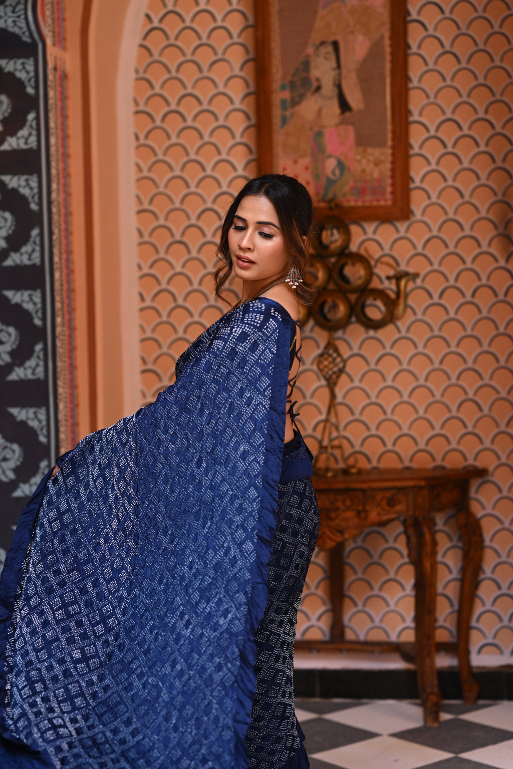 GEOMETRIC NEW DIAMOND BANDHANI SILK SAREE INDIGO BLUE