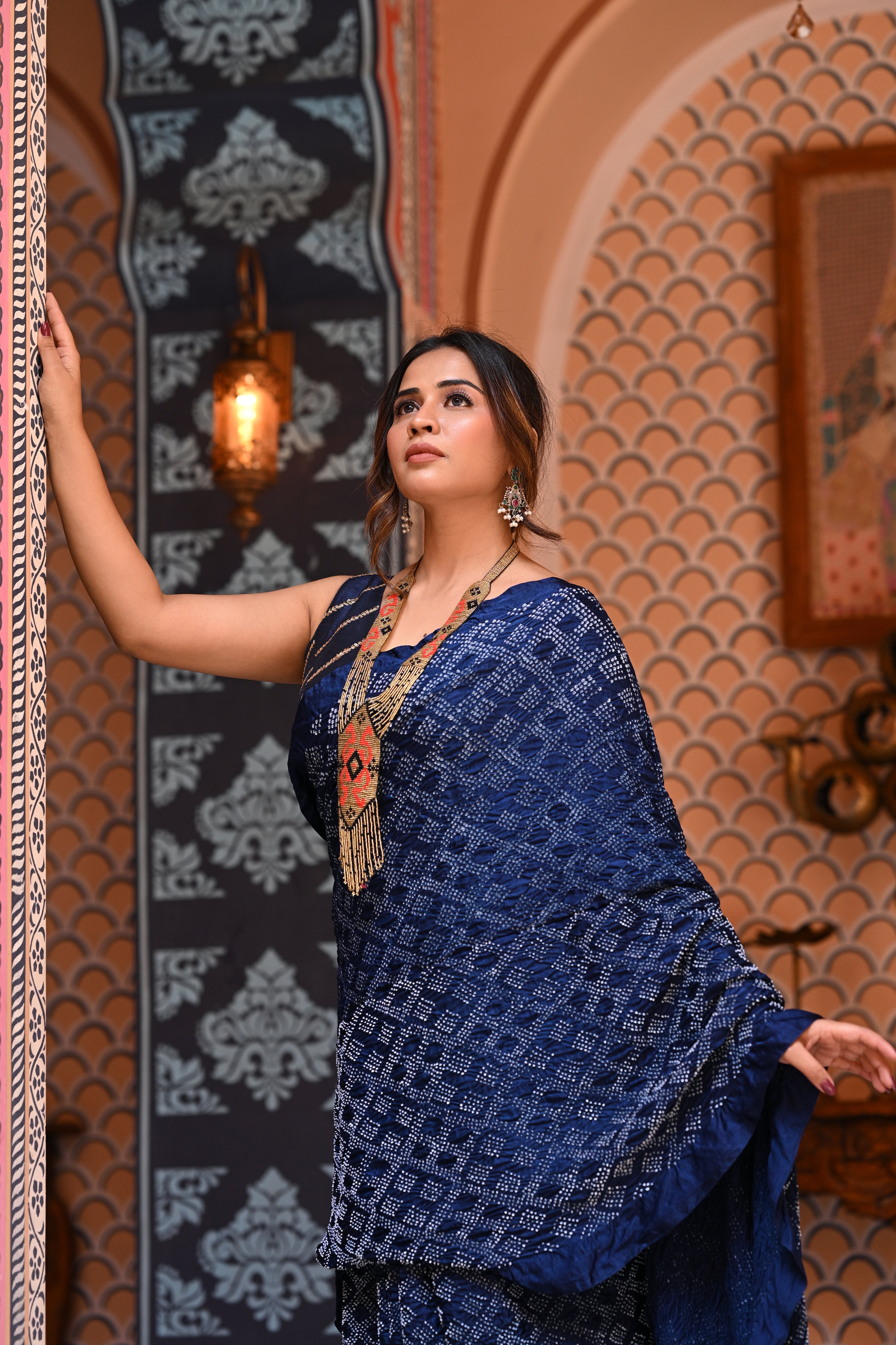 GEOMETRIC NEW DIAMOND BANDHANI SILK SAREE INDIGO BLUE