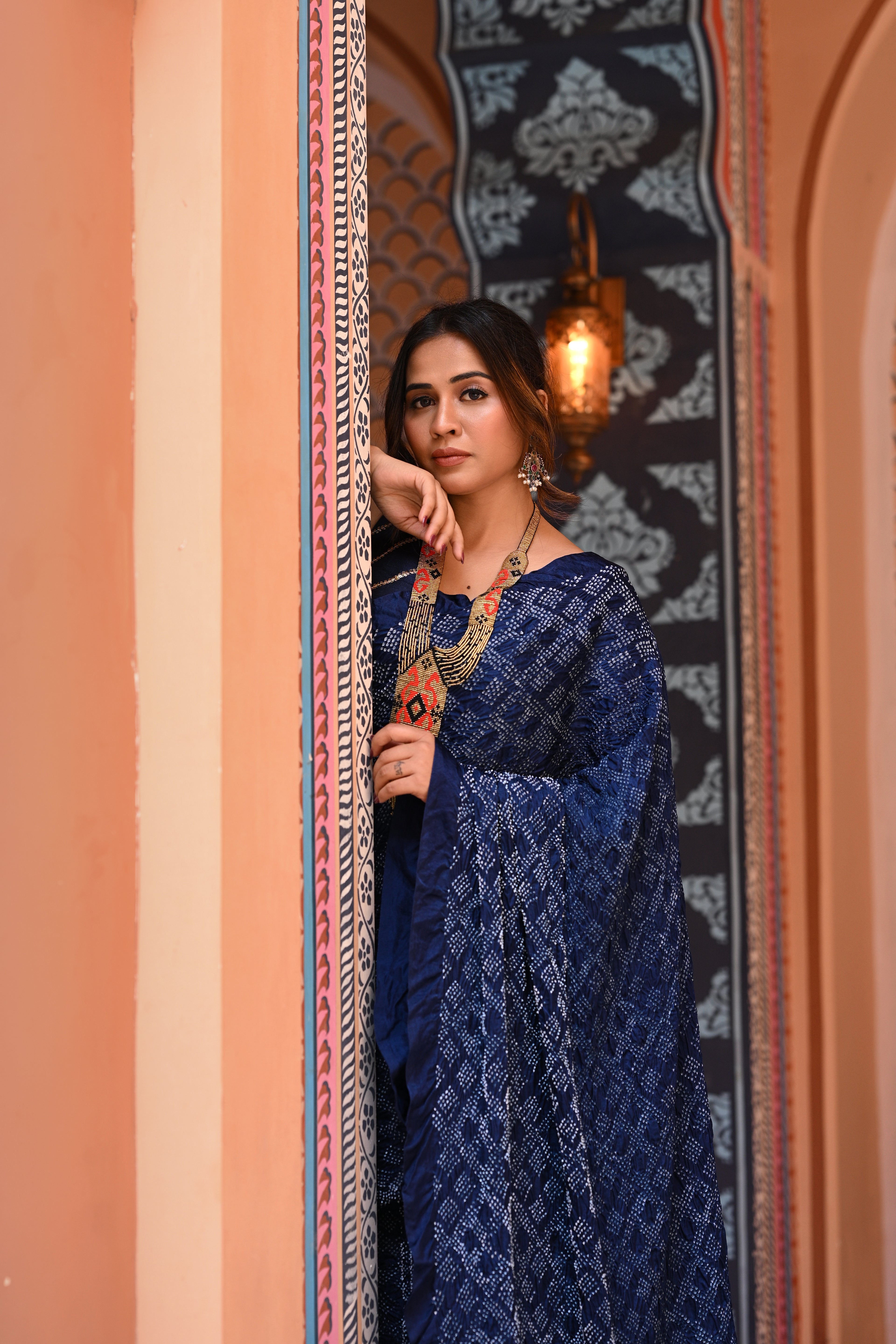 GEOMETRIC NEW DIAMOND BANDHANI SILK SAREE INDIGO BLUE