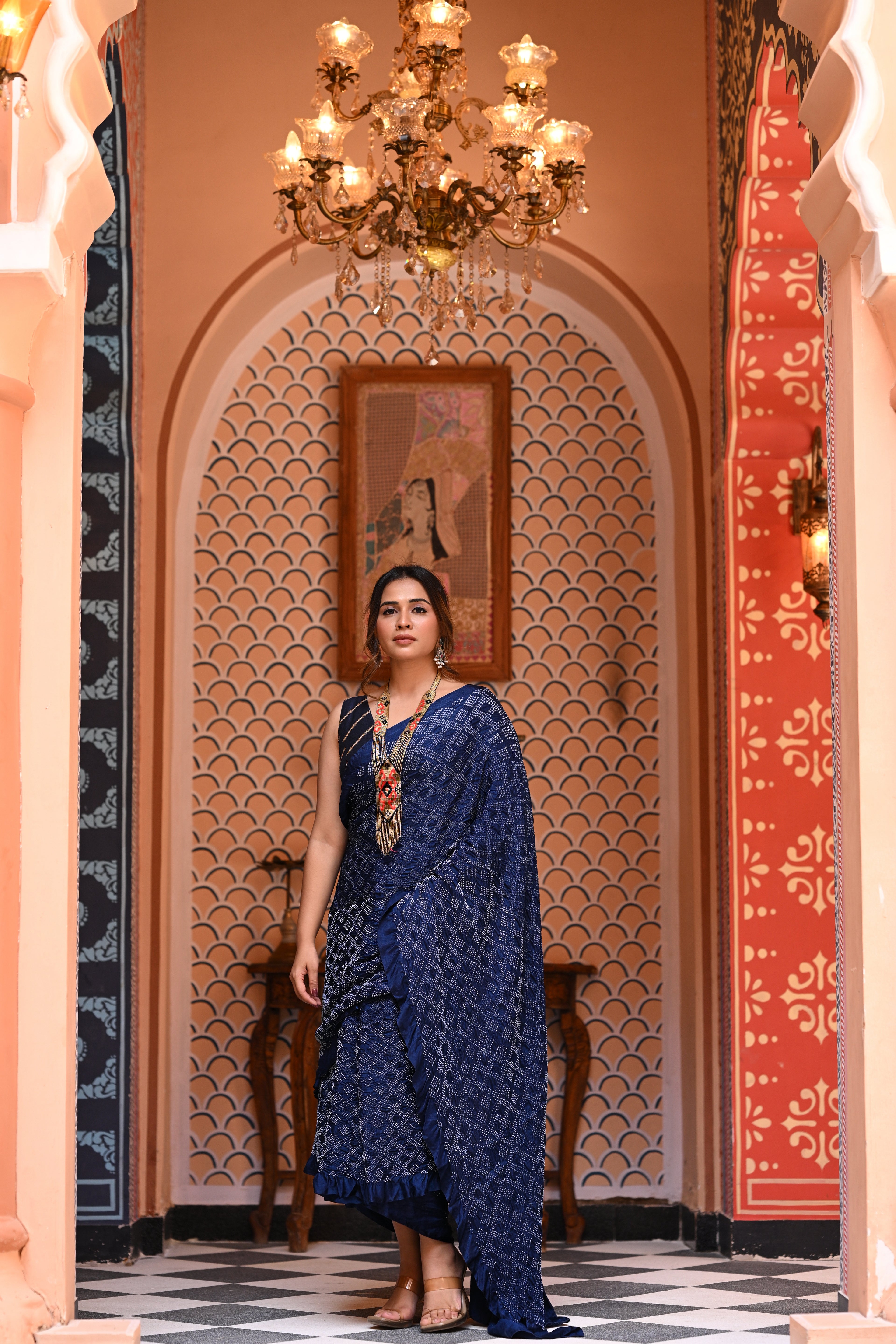 GEOMETRIC NEW DIAMOND BANDHANI SILK SAREE INDIGO BLUE