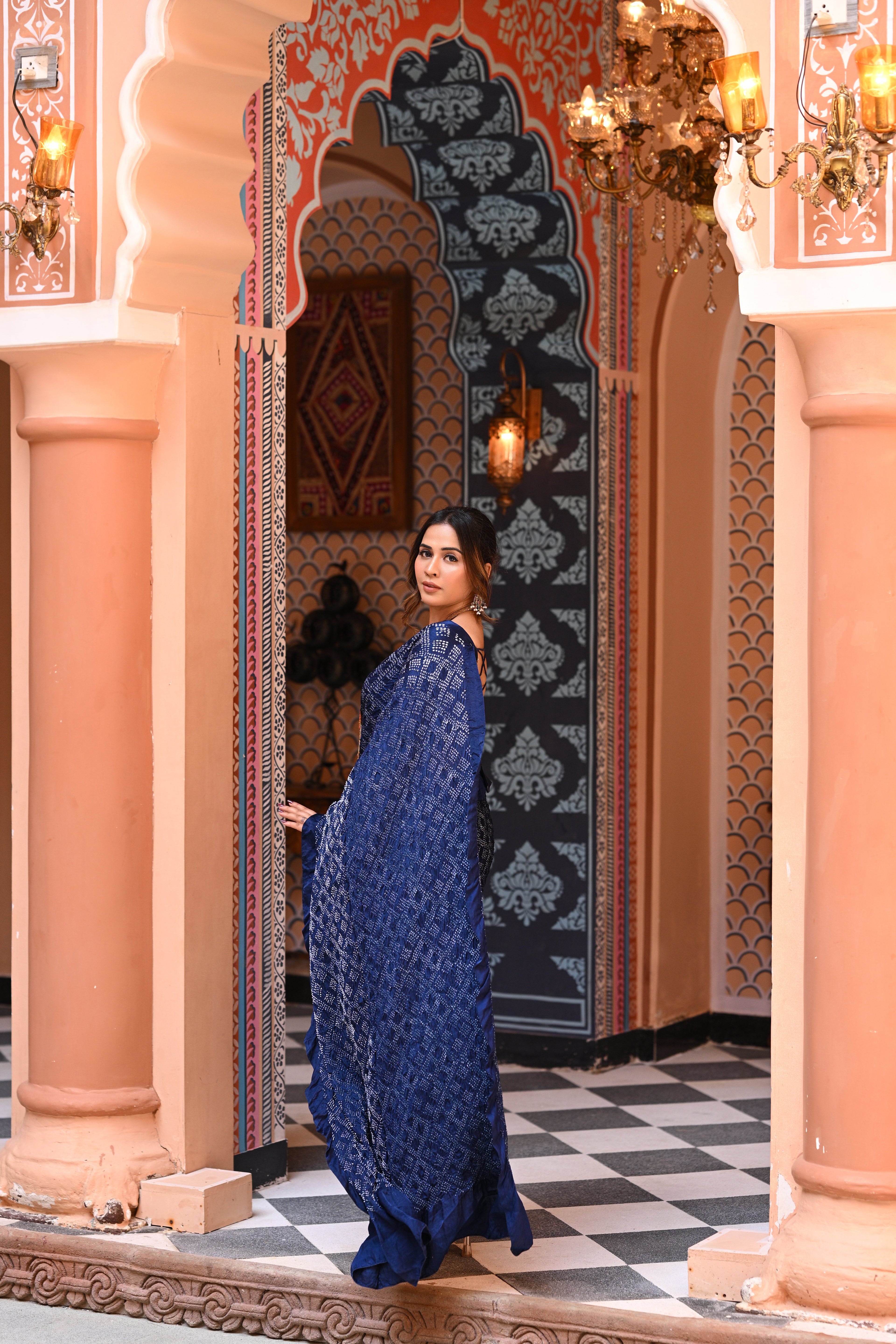 GEOMETRIC NEW DIAMOND BANDHANI SILK SAREE INDIGO BLUE