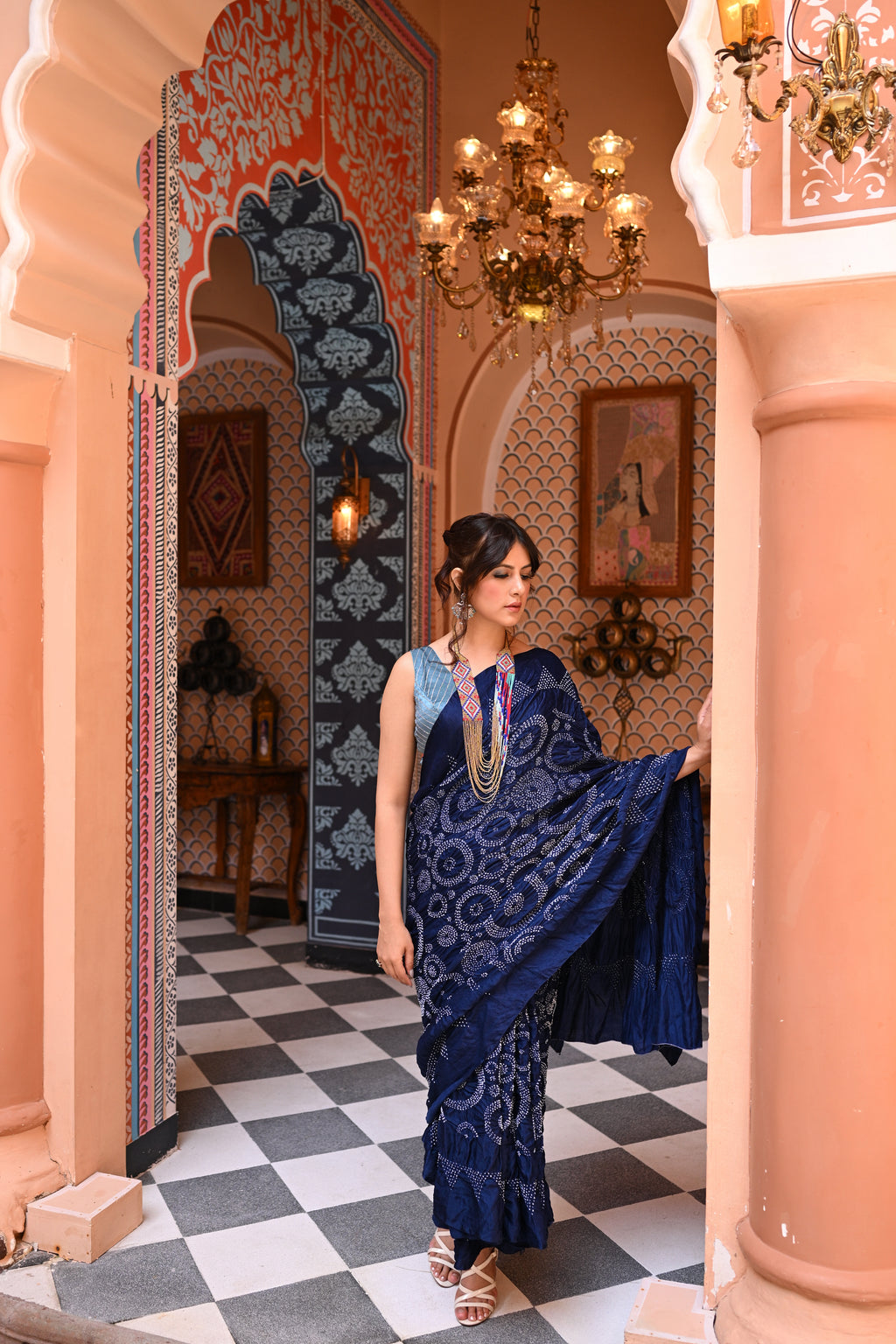 INDIGO BLUE CIRCLES OF LIFE BANDHANI SILK SAREE