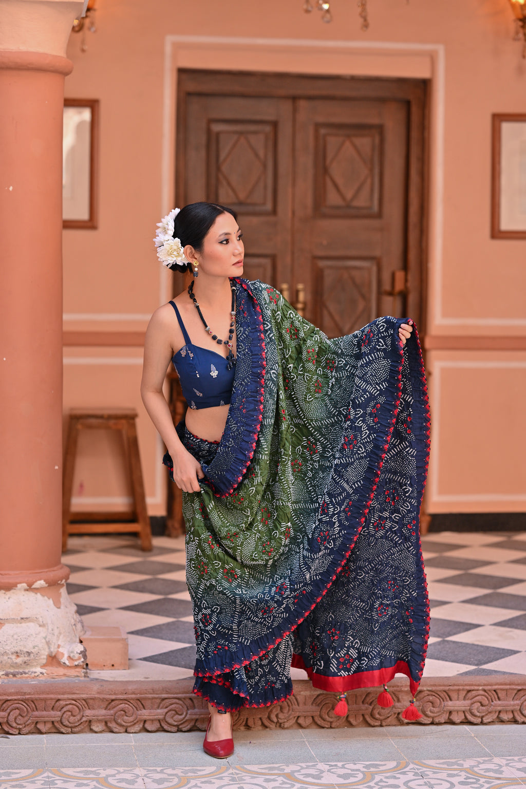 INDIGO BLUE JAPANESE BANDHANI SILK SAREE WITH MUKAISH WORK