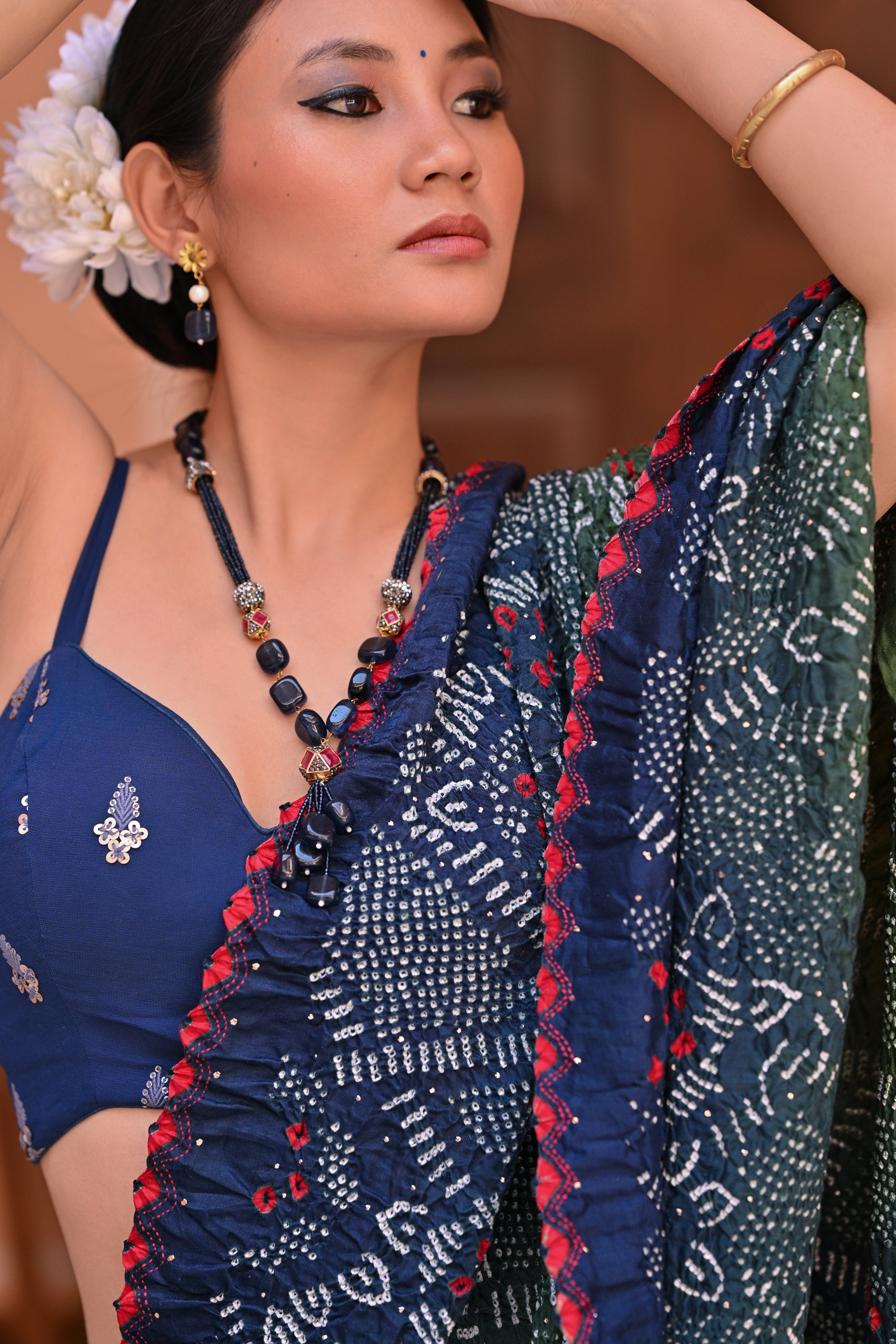 INDIGO BLUE JAPANESE BANDHANI SILK SAREE WITH MUKAISH WORK