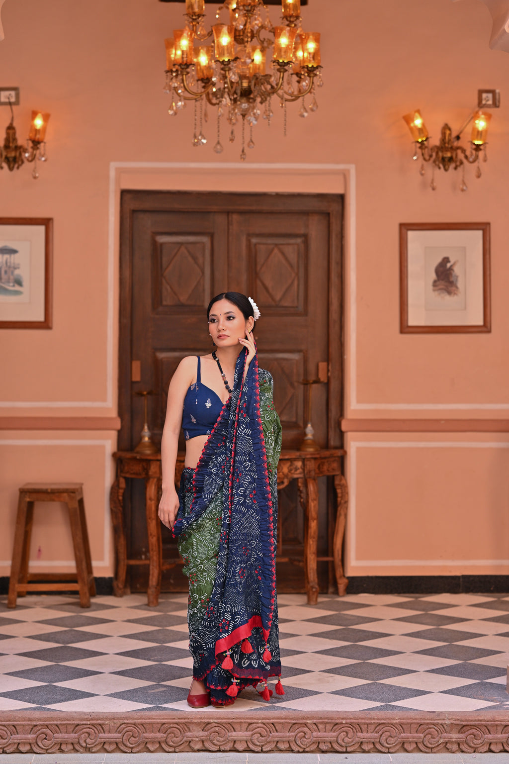 INDIGO BLUE JAPANESE BANDHANI SILK SAREE WITH MUKAISH WORK