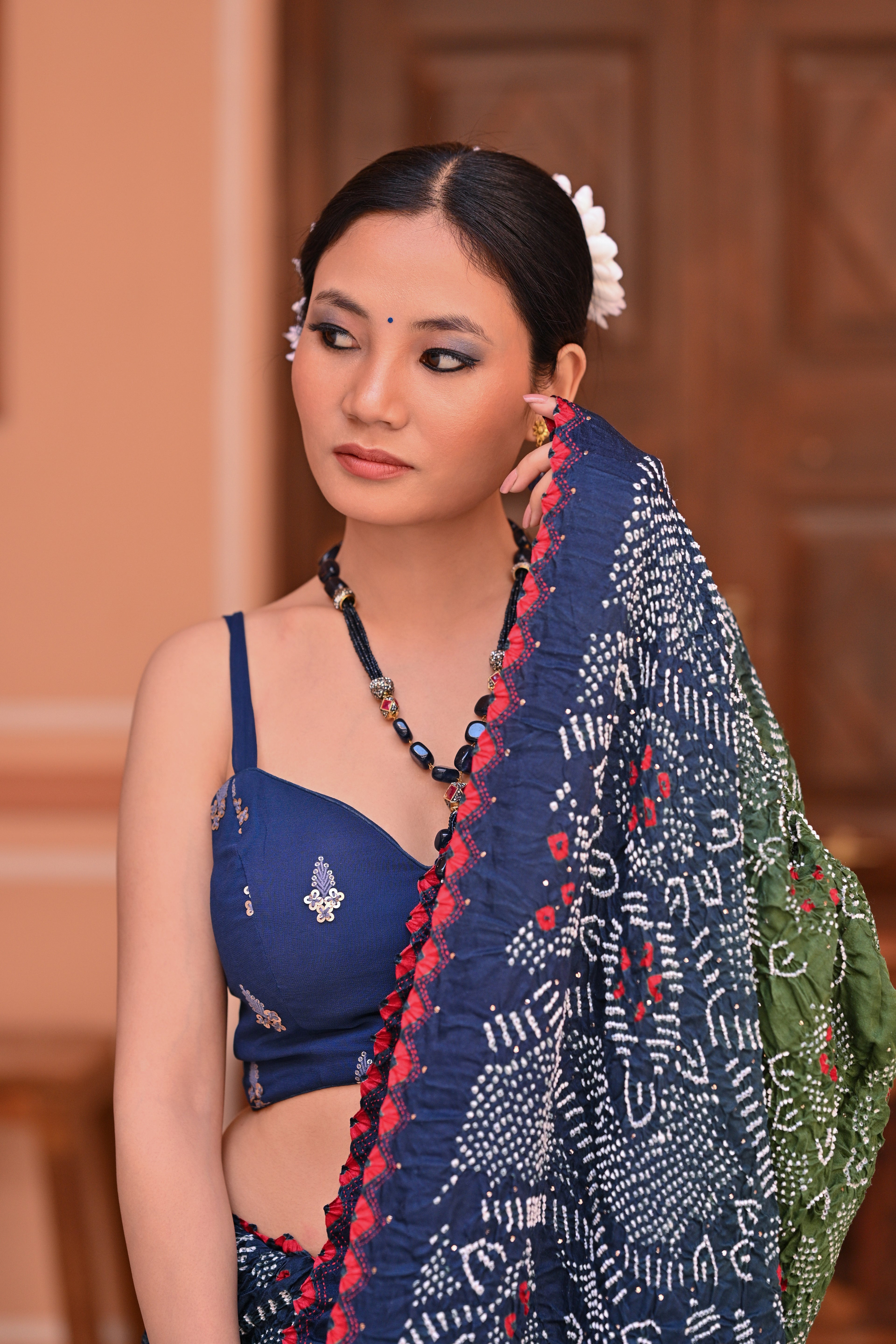 INDIGO BLUE JAPANESE BANDHANI SILK SAREE WITH MUKAISH WORK