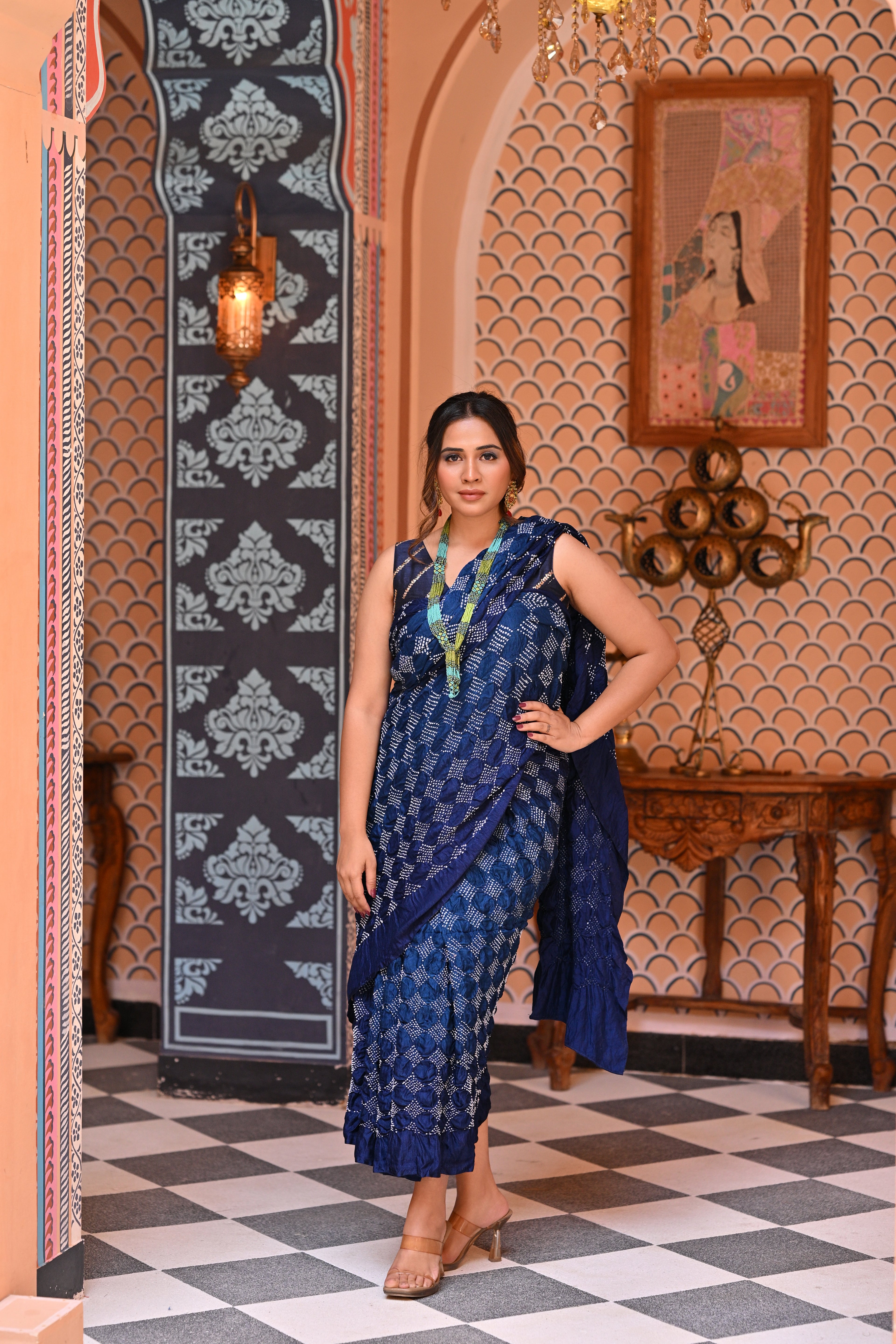 INDIGO BLUE GEOMETRIC S3 BANDHANI SILK SAREE