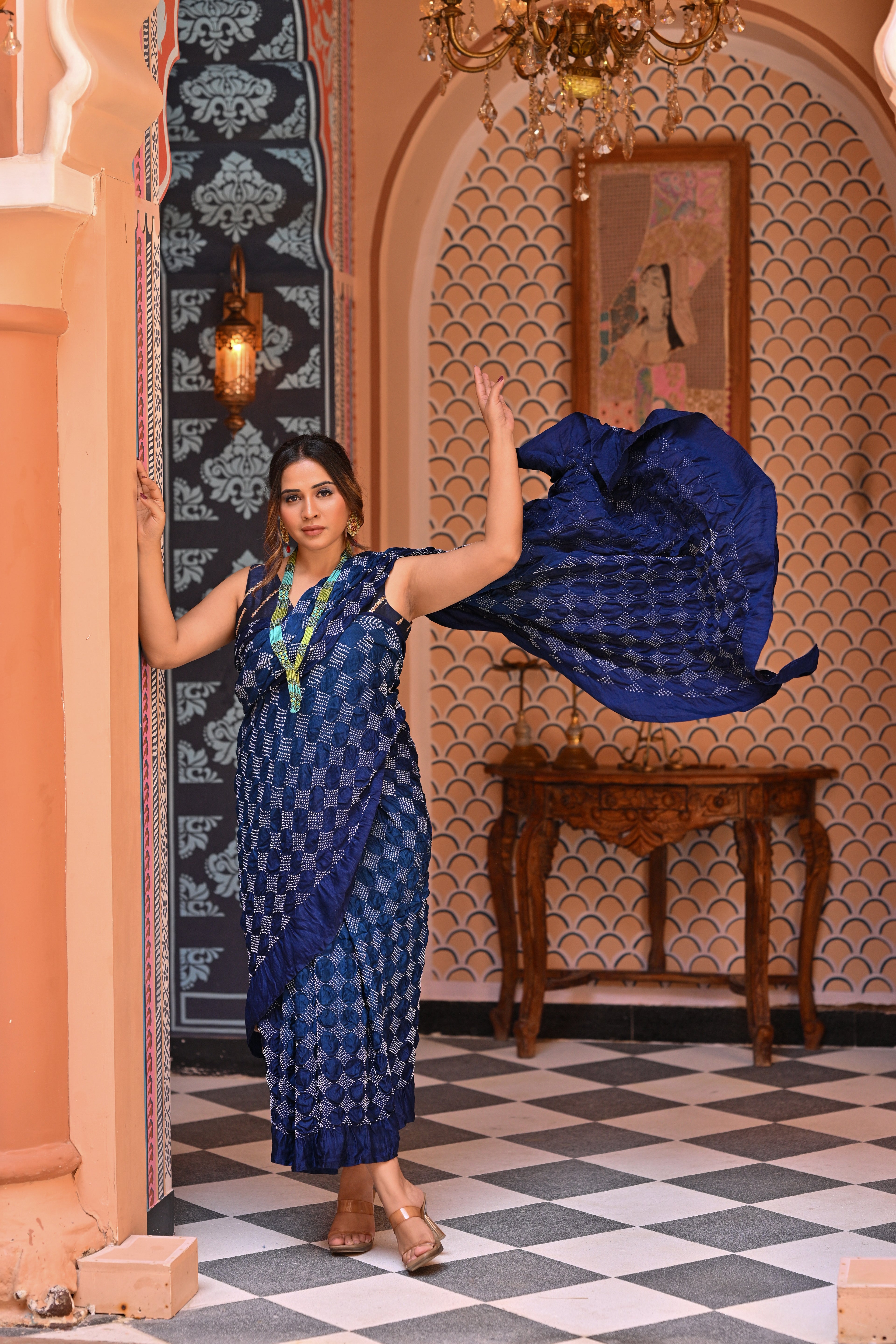 INDIGO BLUE GEOMETRIC S3 BANDHANI SILK SAREE