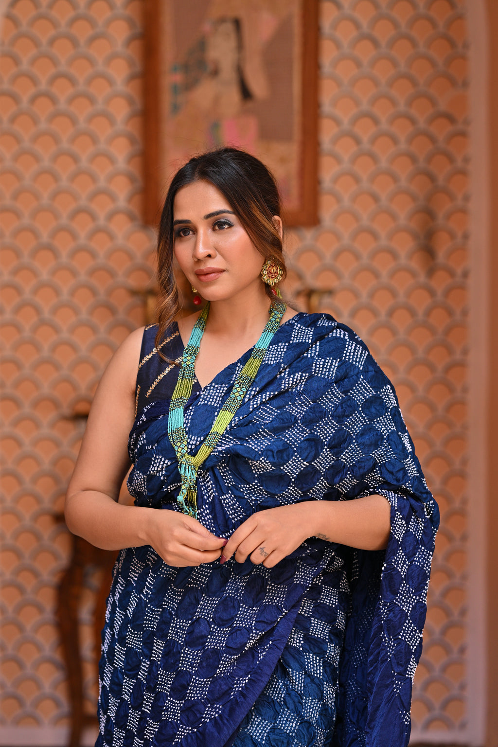 INDIGO BLUE GEOMETRIC S3 BANDHANI SILK SAREE