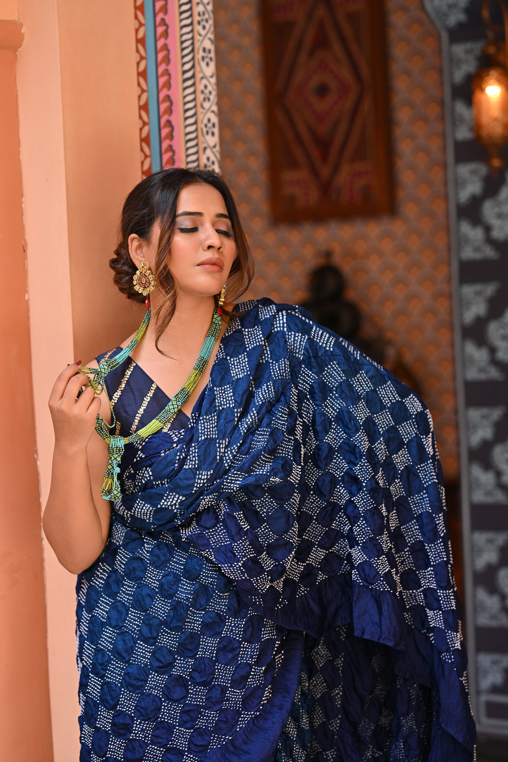 INDIGO BLUE GEOMETRIC S3 BANDHANI SILK SAREE