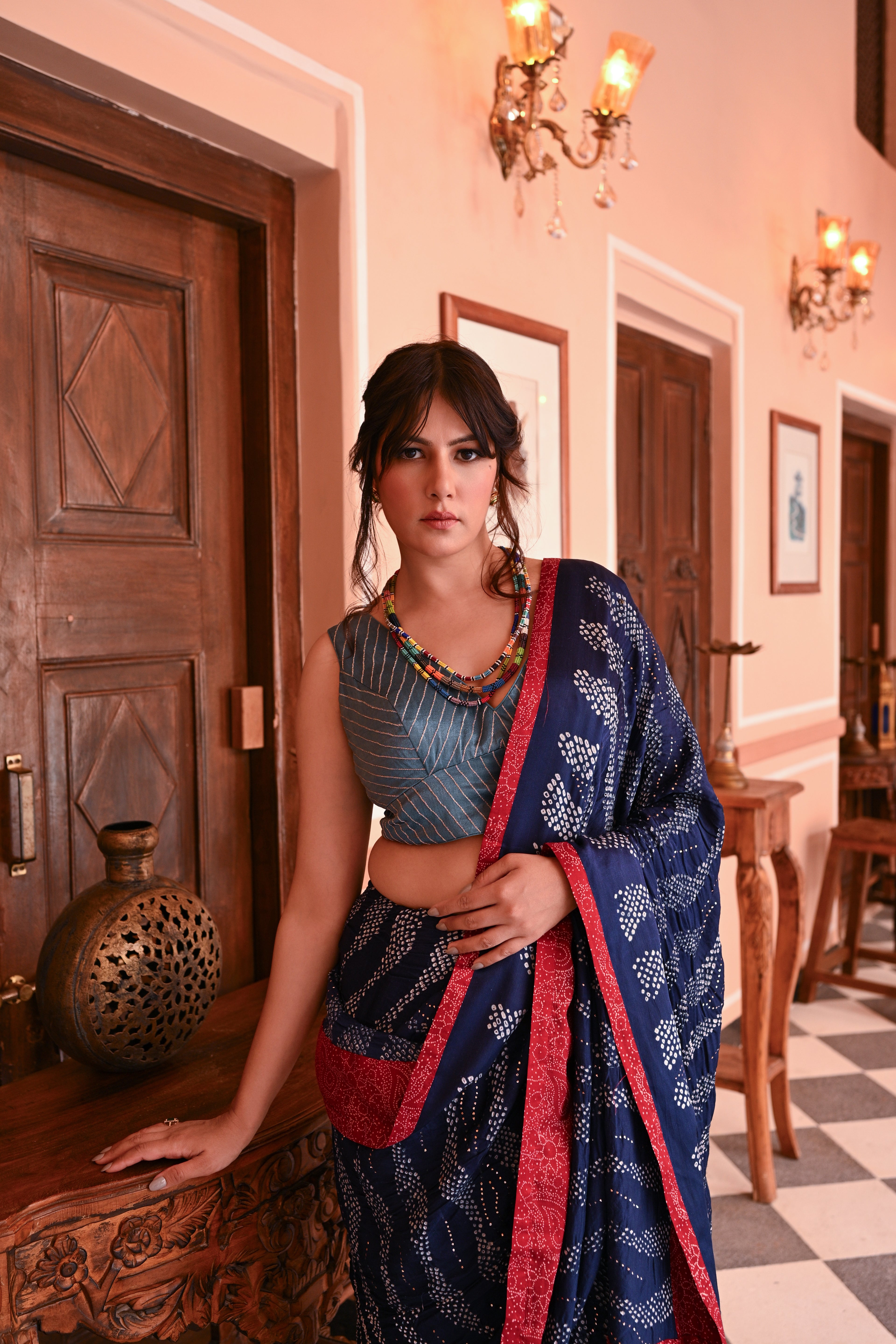 INDIGO BLUE WAVES OF THE SEA BANDHANI SILK SAREE WITH MUKAISH WORK AND SILK BORDER